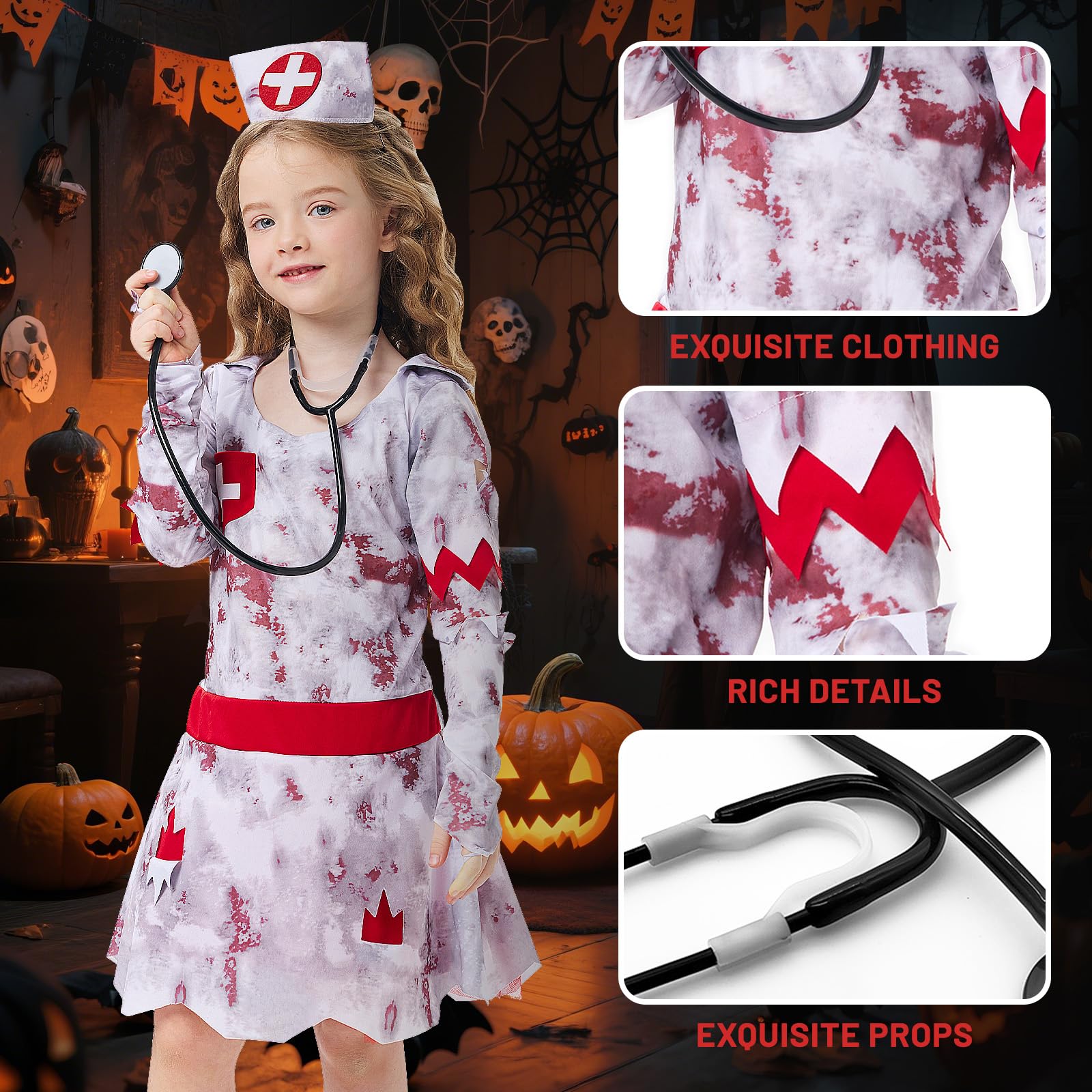AENEY 2PCS Scary Zombie Nurse Costume Kids, Girls Bloody Dress with Stethoscope Props - Image 4