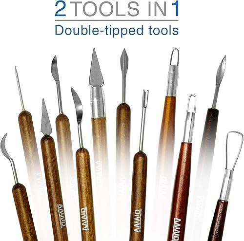 Miniatura 3 de VViViD Sculpt - Kit de herramientas manuales de esculpir cerámica y arcilla de doble extremo con mango de madera