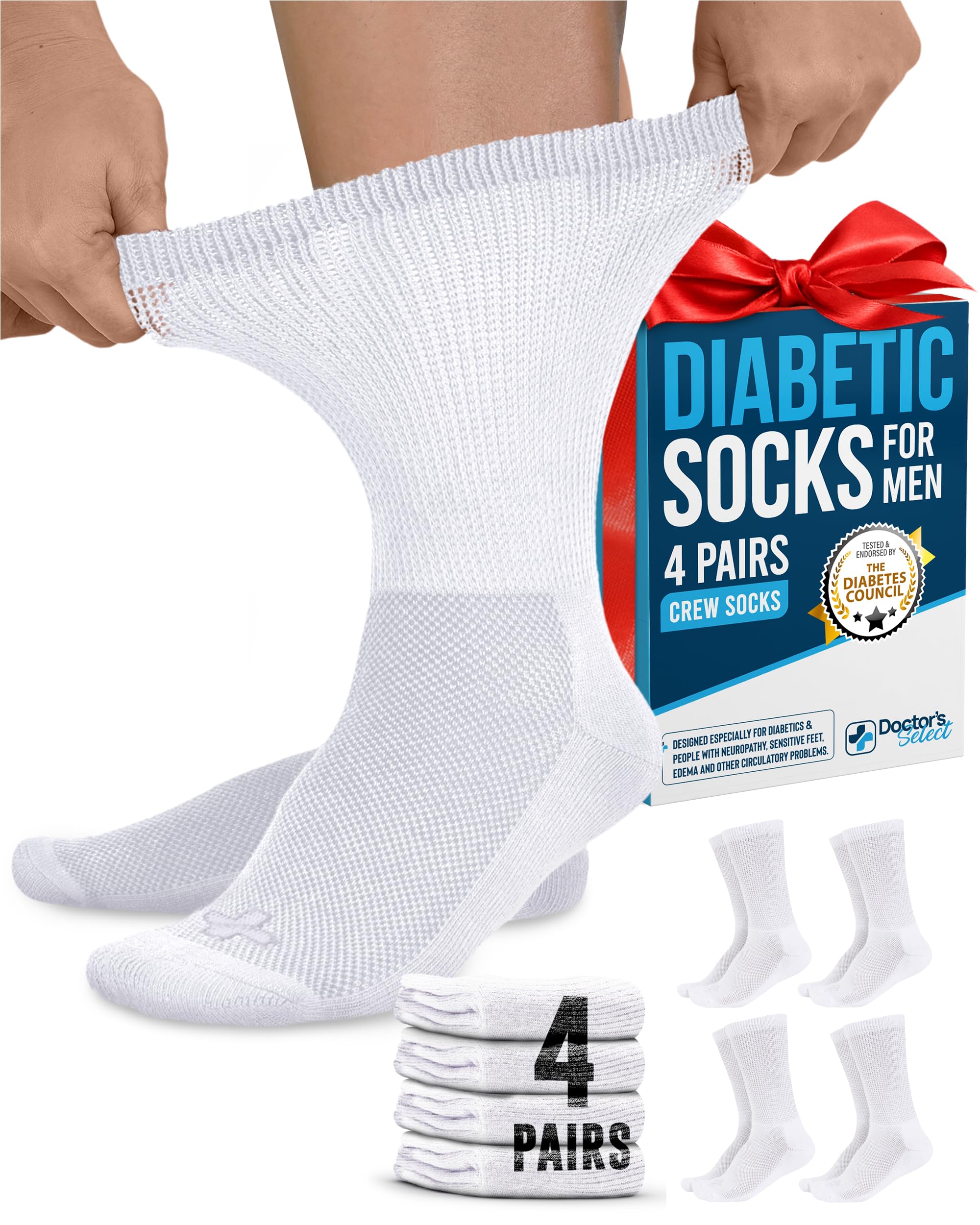 Doctor's Select Diabetic Socks for Men - 4 Pairs Crew Diabetic Neuropathy Socks for Men | Diabetic Socks for Men 9-12