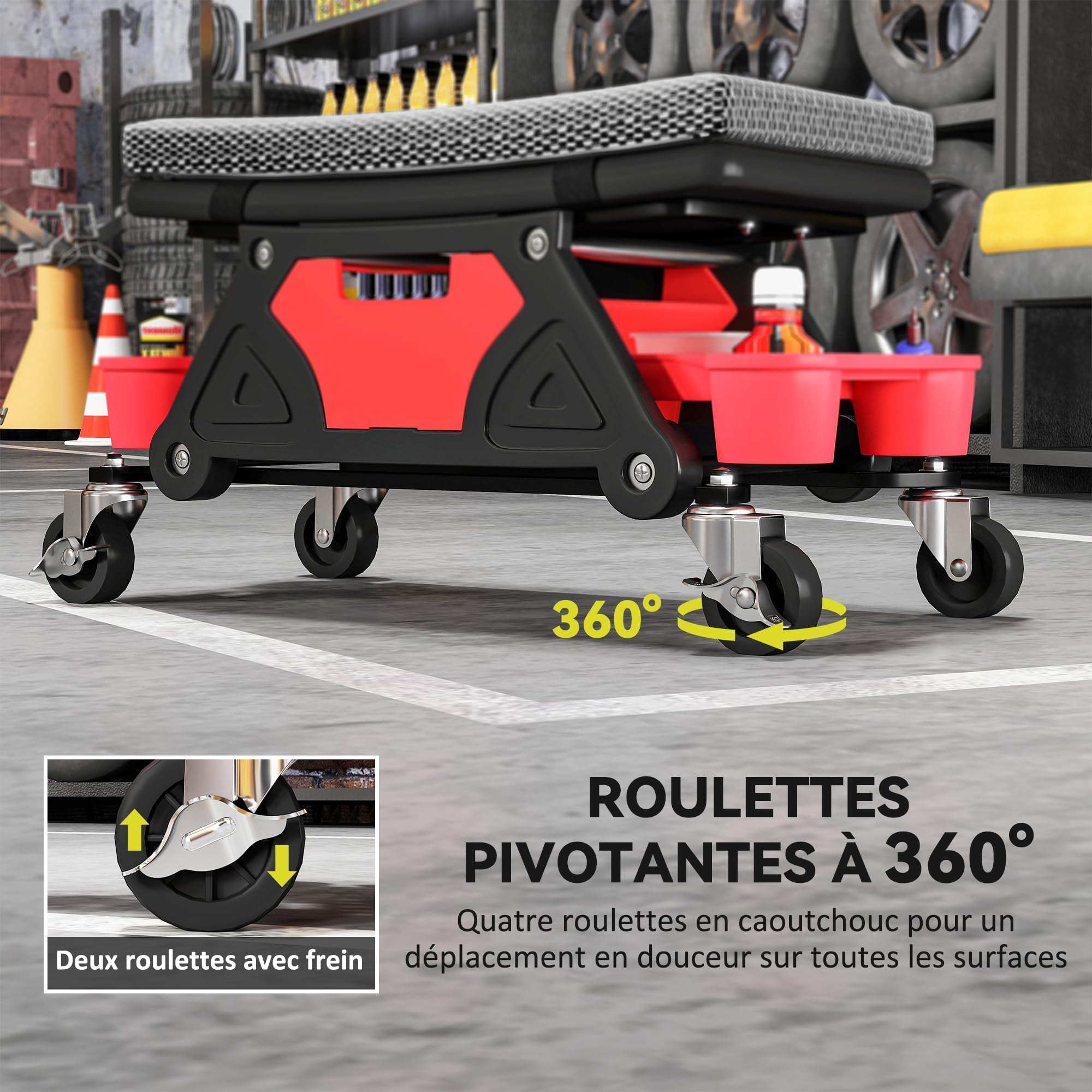 HOMCOM Sgabello mobile per officina, carico massimo 135 kg, sgabello da meccanico con rotelle, girevole a 360° con vassoi portautensili scorrevoli e cassetto, sedile girevole per officina di