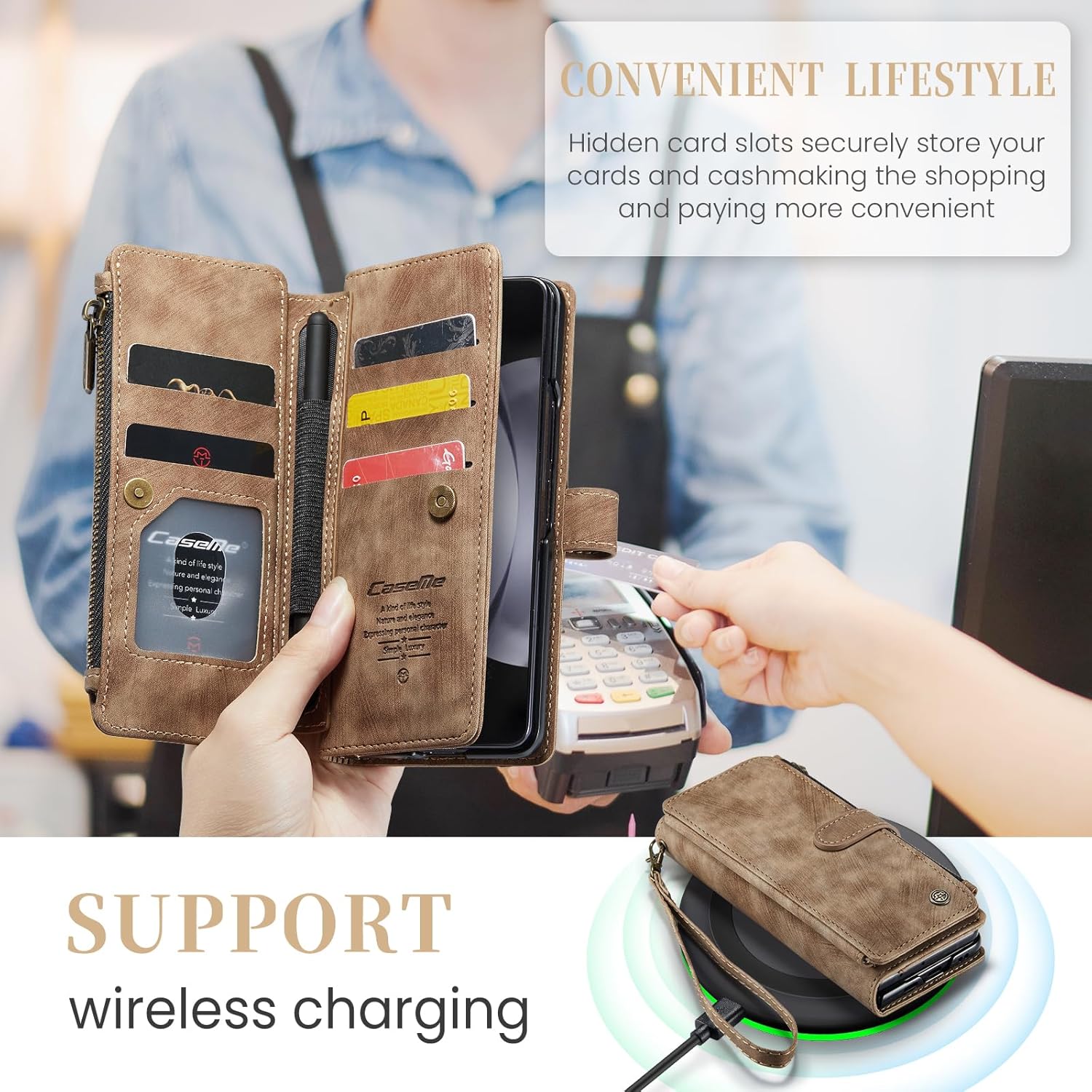 UEEBAI Wallet Case for Samsung Galaxy Z Fold 5 5G, Premium Handmade PU Leather Phone Case Card Slots Magnetic Closure Zipper Pocket Kickstand Flip Case with Hand Strap - Vintage Brown