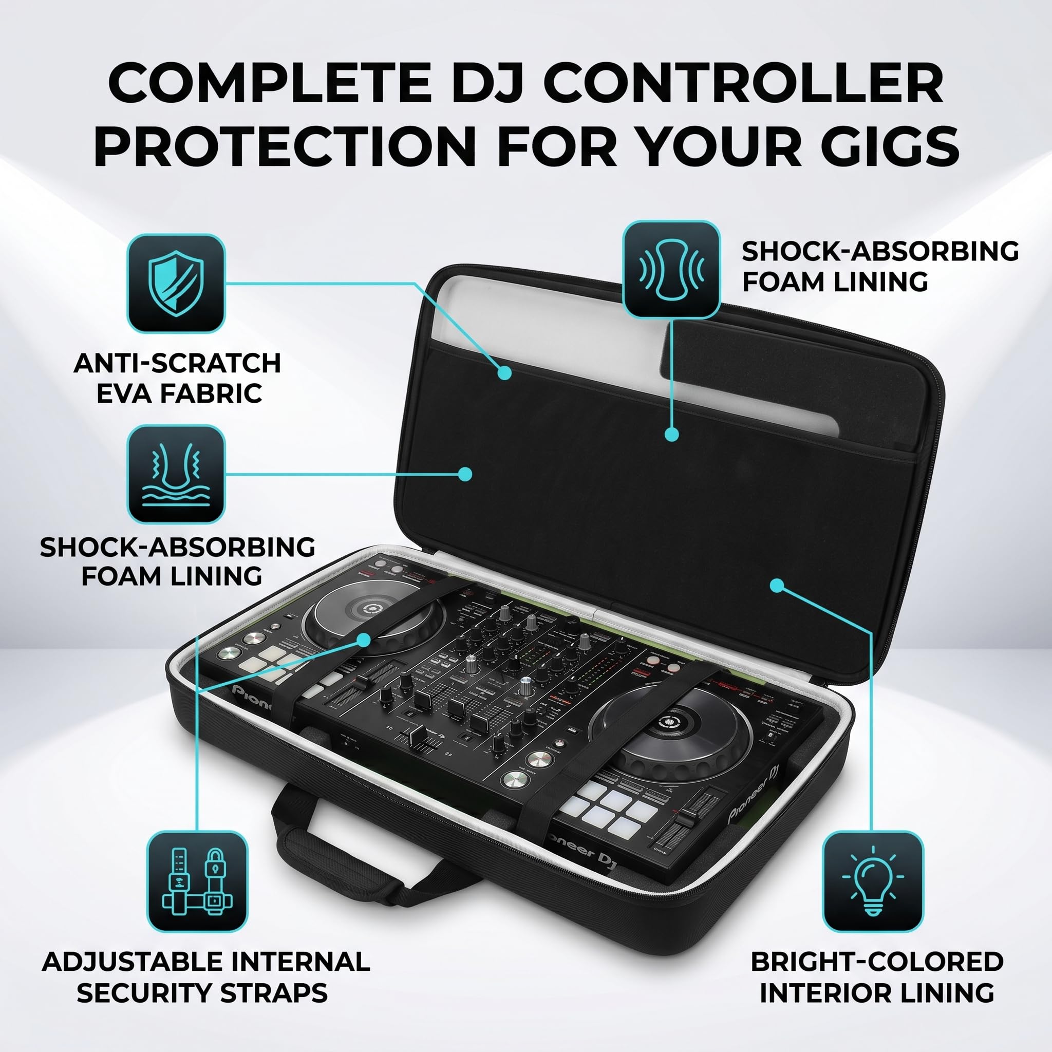 DJ DDJ-FLX4 Custodia Rigida per Controller DJ a 2 , Borsa Protettiva in EVA con Imbottitura in Schiuma, Cinghie Rimovibili e Rivestimento Luminoso per Controller DDJ-400, DDJ-SB2 e (50*30*8 cm)