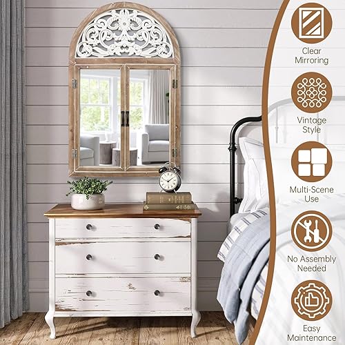 Miniatura 6 de Uaeoo Espejo de ventana arqueado, espejo de madera para decoración de pared, espejo de pared decorativo de granja grande, espejo de catedral para