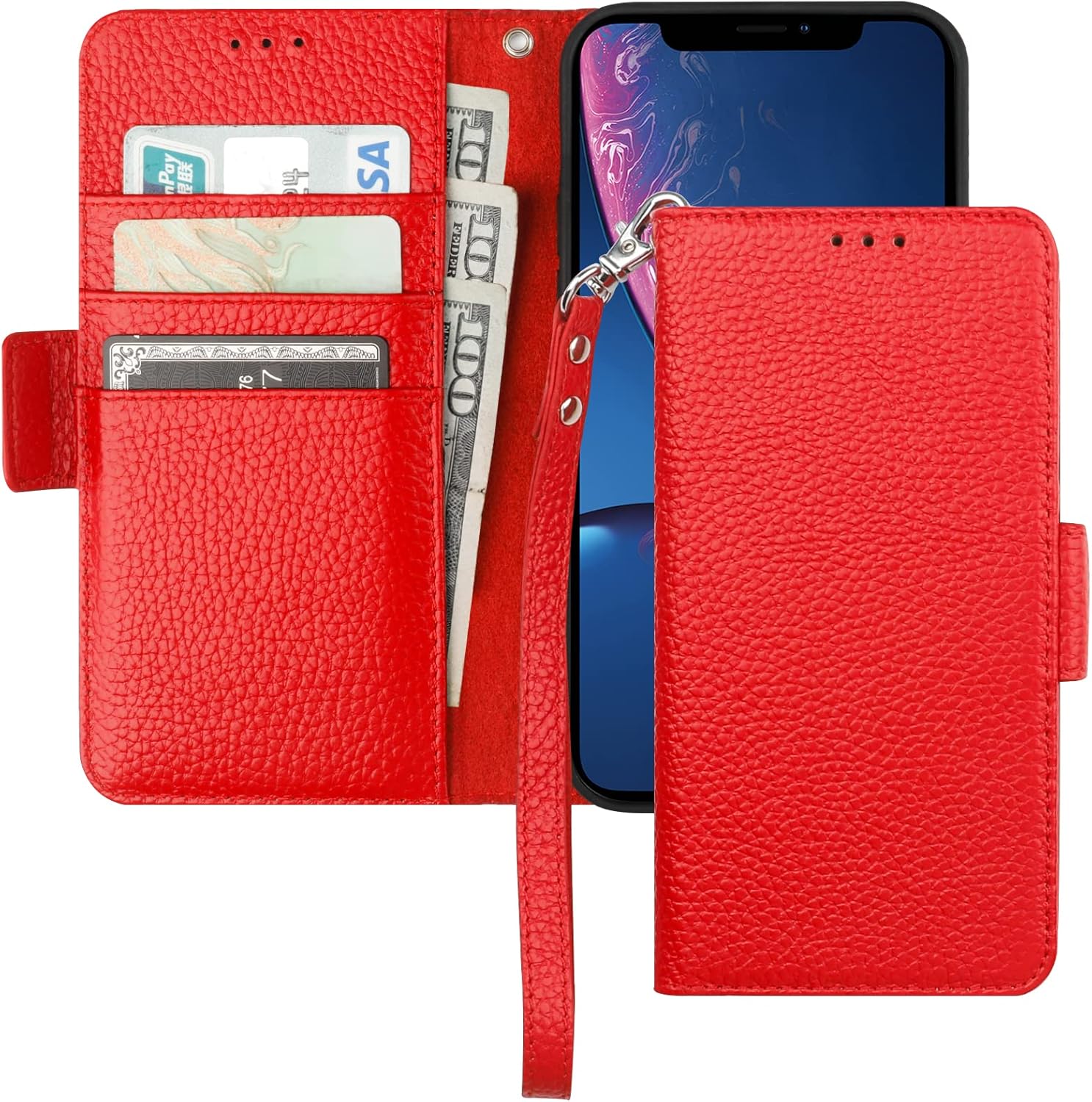 Bocasal Wallet Case for iPhone XR, Genuine Leather Support Wireless Charging RFID Blocking Flip Case Card Slots Holder, Kickstand Book Folding Folio Cover with Wrist Strap 6.1 Inch (Red)