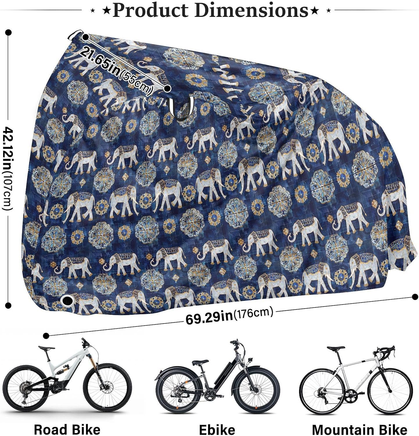 Elephants Dark Blue Electric Bike Cover Waterproof Outdoor Rain Cover Bikes Storage