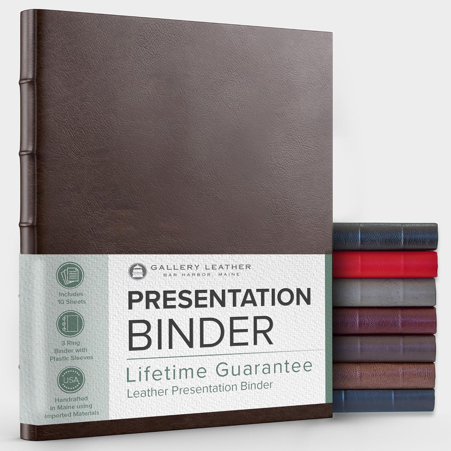 Gallery Leather 3 Ring Binder with Plastic Sleeves, includes 10 Sheets, Sheet Size: 8.5 x 11 - Presentation Binder Rings with Hubbed Spine, Thick: 0.75 Freeport Mocha