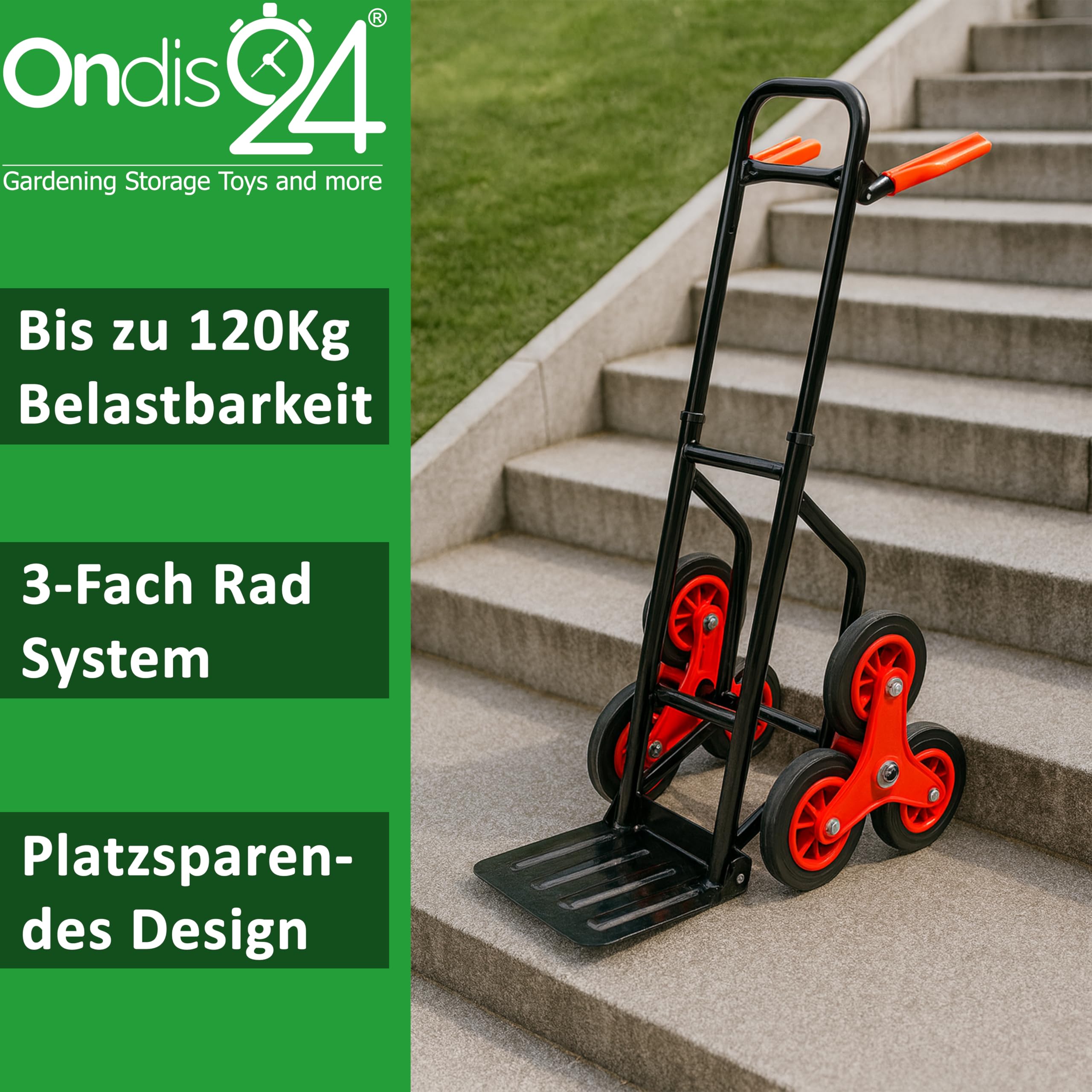 Ondis24 Klappbare Sackkarre mit Dreifachbereifung aus Stahl, 120 kg Tragkraft, Treppensteiger Transportkarre, Faltbarer Transportwagen für Umzug, Haushalt, robuste Treppenkarre mit 3-Rad-System (pro)
