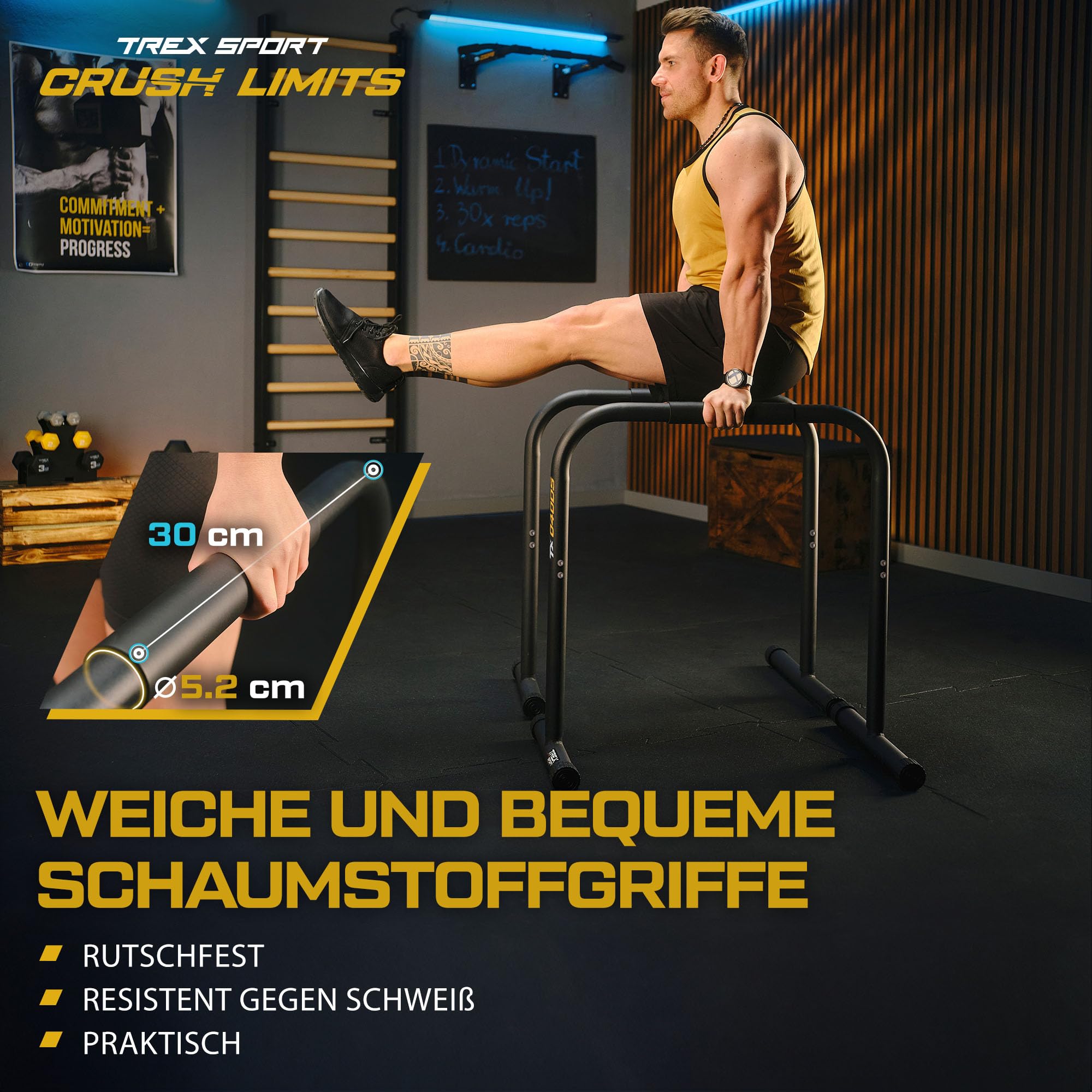TREX SPORT Dip Barren bis 200 kg höhenverstellbar 80-90 cm TX-040DS | Dip Station 2er Set Parallettes Calisthenics Equipment bis 200 kg, Rutschfeste Füße