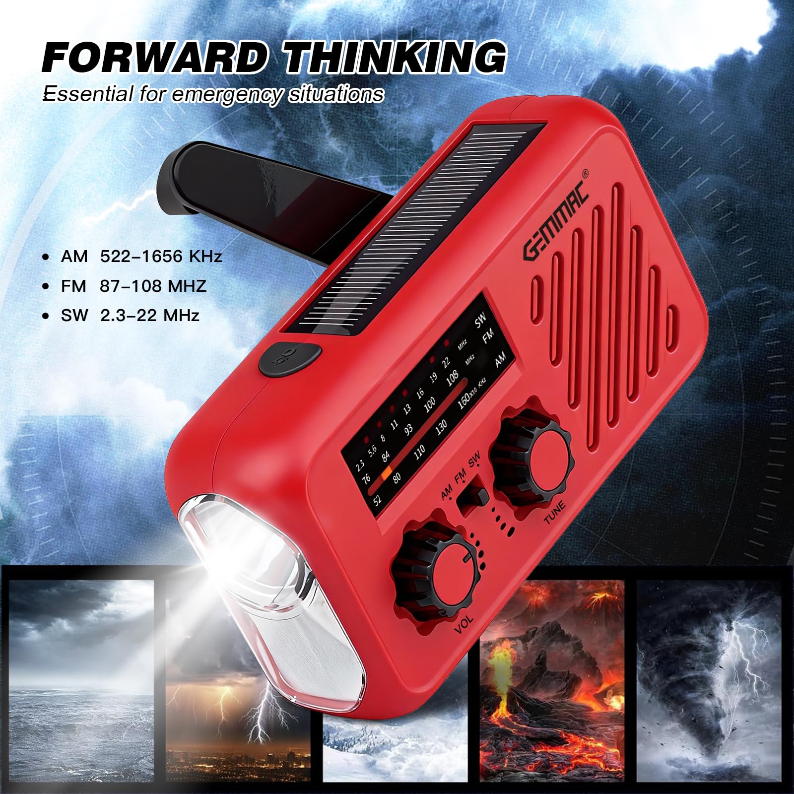 Radio Awaryjne, Gemmac AM/FM Radio Słoneczne z Korbką 2000 mAh Power Bank USB 3-Drożne ładowanie Awaryjne z Alarmem SOS Latarka i Wejściem Słuchawkowym Przenośne Radia na Zewnątrz Kemping Podróże