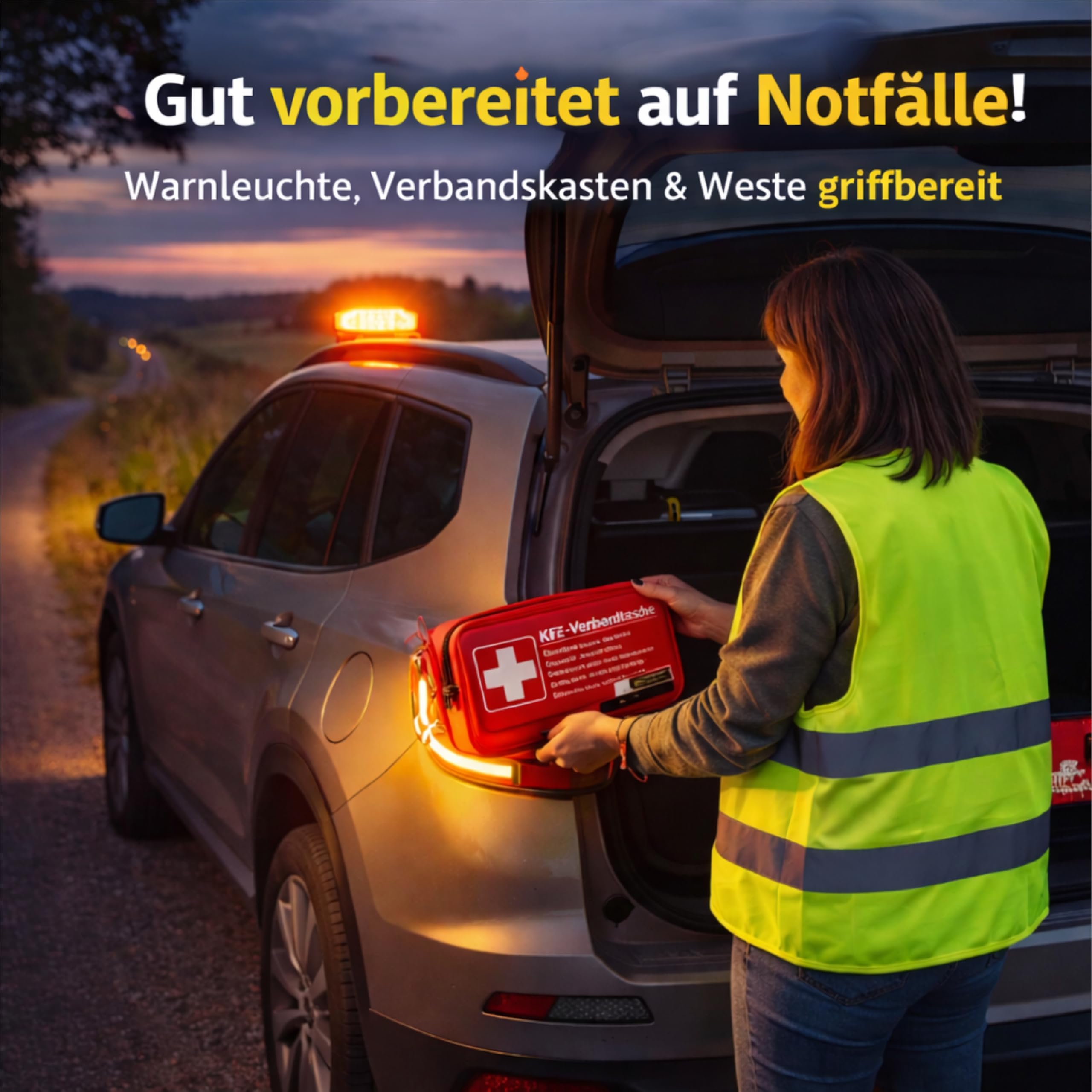 3 in 1 Auto & PKW Erste-Hilfe-Kit 2026 EN ISO 20471 V16 Warnleuchte Verbandskasten Warnweste Pannenset