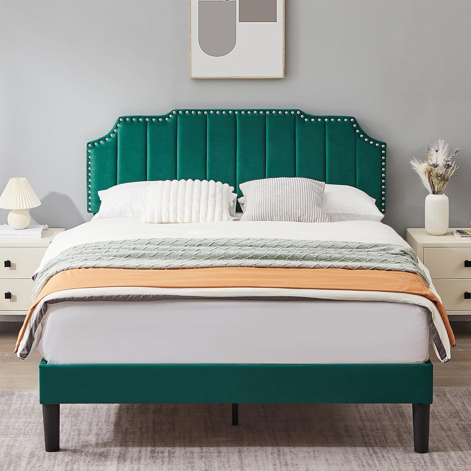 VECELO Queen Bed Frame Upholstered Platform with Tufted Adjustable Headboard/Mattress Foundation/Wood Slat Support,Easy Assembly,Dark Green