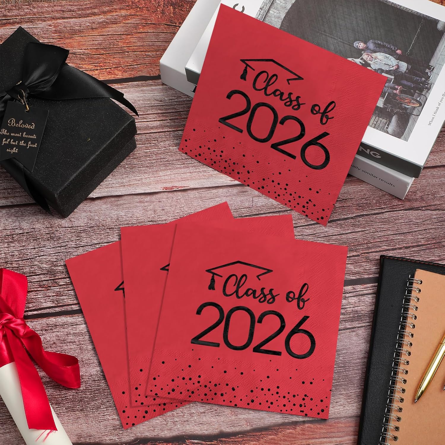 200Pcs Class of 2026 Graduation Napkins, Disposable Congrats Grad Paper Cocktail Napkins Square Foil Dot Hand Towels for 2026 School University College Graduation Party Decorations (Red and Black）