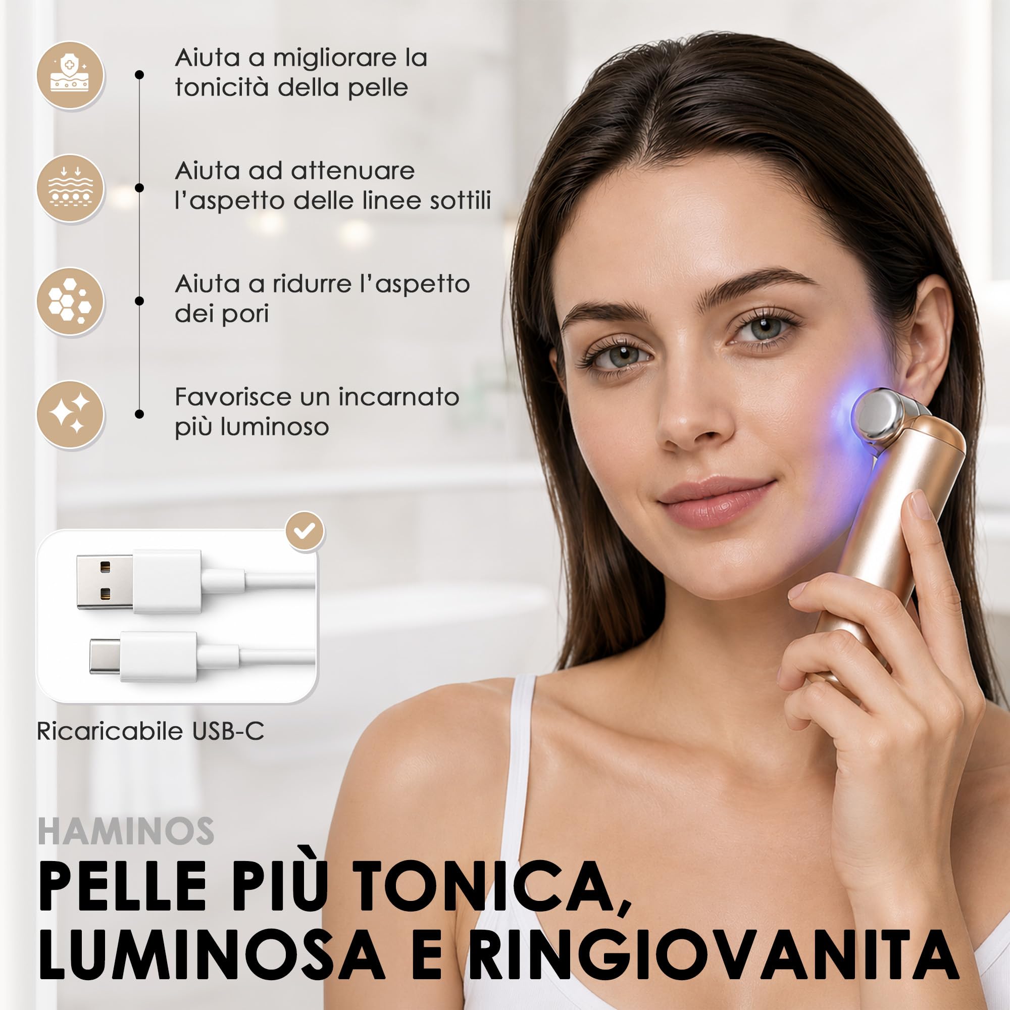HAMINOS Dispositivo Viso con Microcorrente EMS e Infusione di Siero, Massaggiatore Viso con Luce Rossa, Blu e Viola, 3 Intensità, Beauty Tool Ricaricabile USB-C