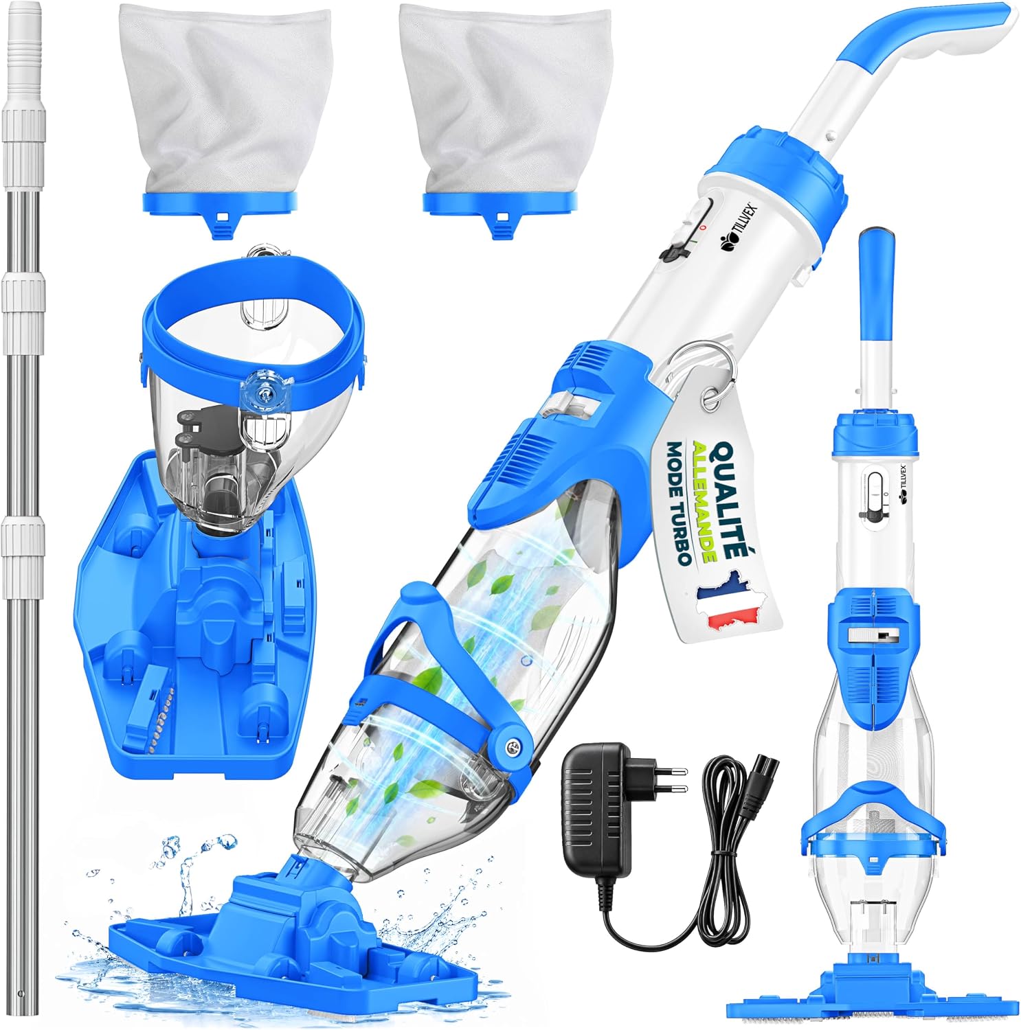 tillvex Aspirateur de Piscine avec Batterie & Manche télescopique + Filtre | Aspirateur de Piscine électrique | Nettoyeur de Piscine avec Filtre & autonomie de 60 Min (Bleu/Blanc)