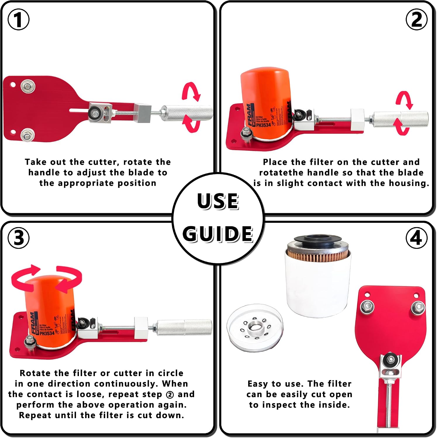 77750 Oil Filter Cutter 2-3/8" to 5" Oil Filter Cutting Tool Oil Filter Opener to Inspect What The Filter Catches Universal Adjustable Metal Can Cutting Tool with a Spare Blade, Aluminum, Red