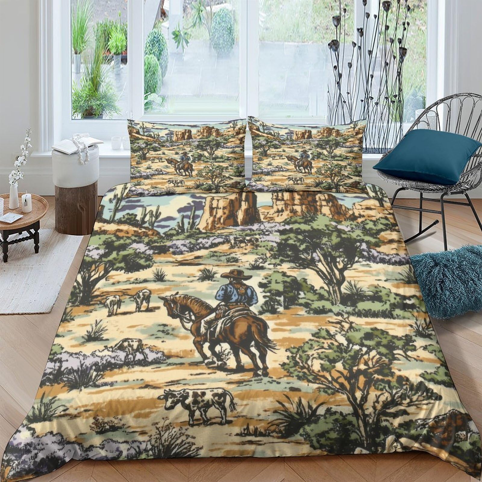 Ctjqhvkz Style-9 3D Printed Western Cowboy Landscape Fitted Sheet Microfiber Soft Bed Sheet Rustic Horse Farmhouse Decor Bedroom Single（135X200cm）
