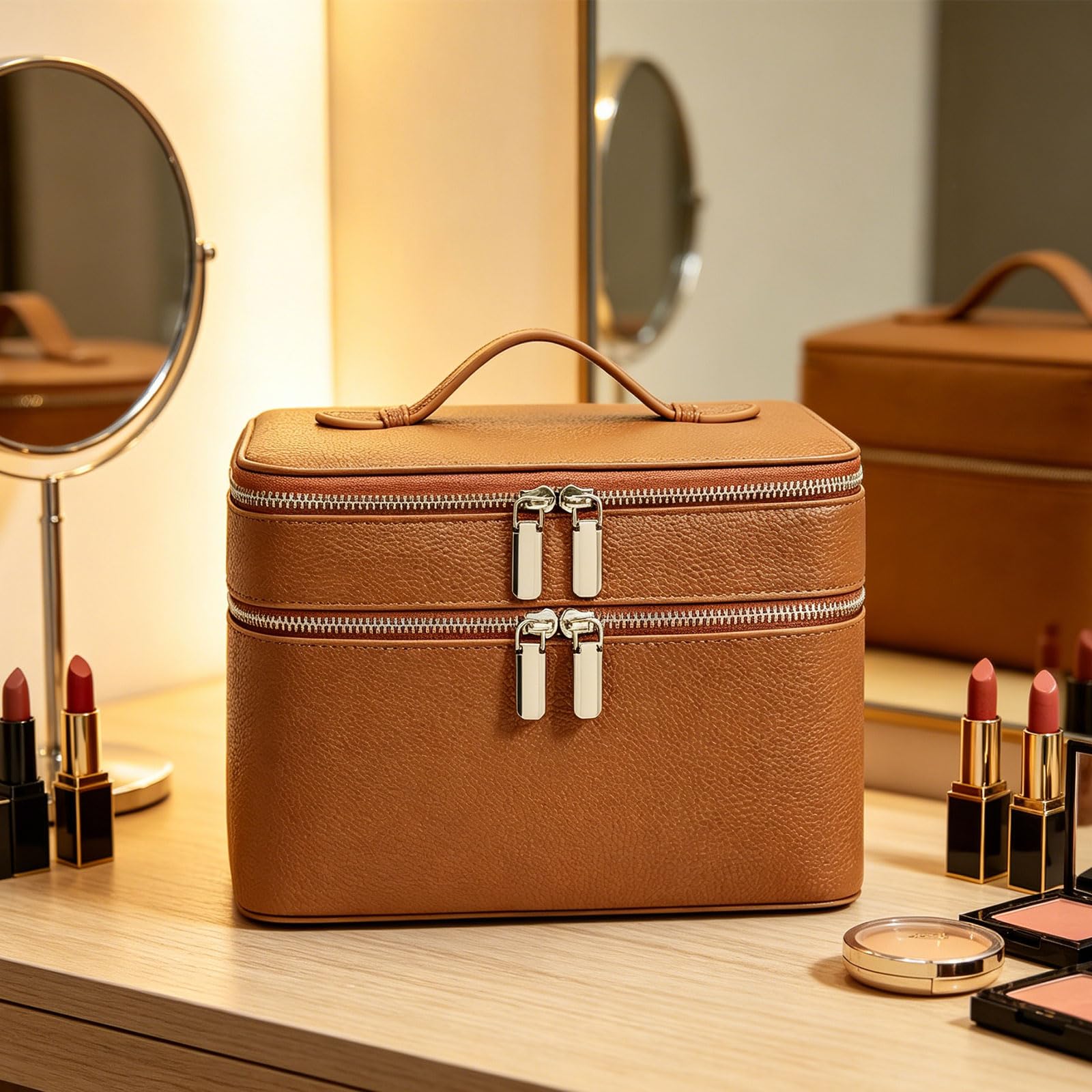Doppelschichtige Kosmetiktasche mit großer Kapazität, PU Leder, wasserdicht, leicht, ideal für Reisen und den täglichen Gebrauch, Make up Planer für den täglichen Gebrauch