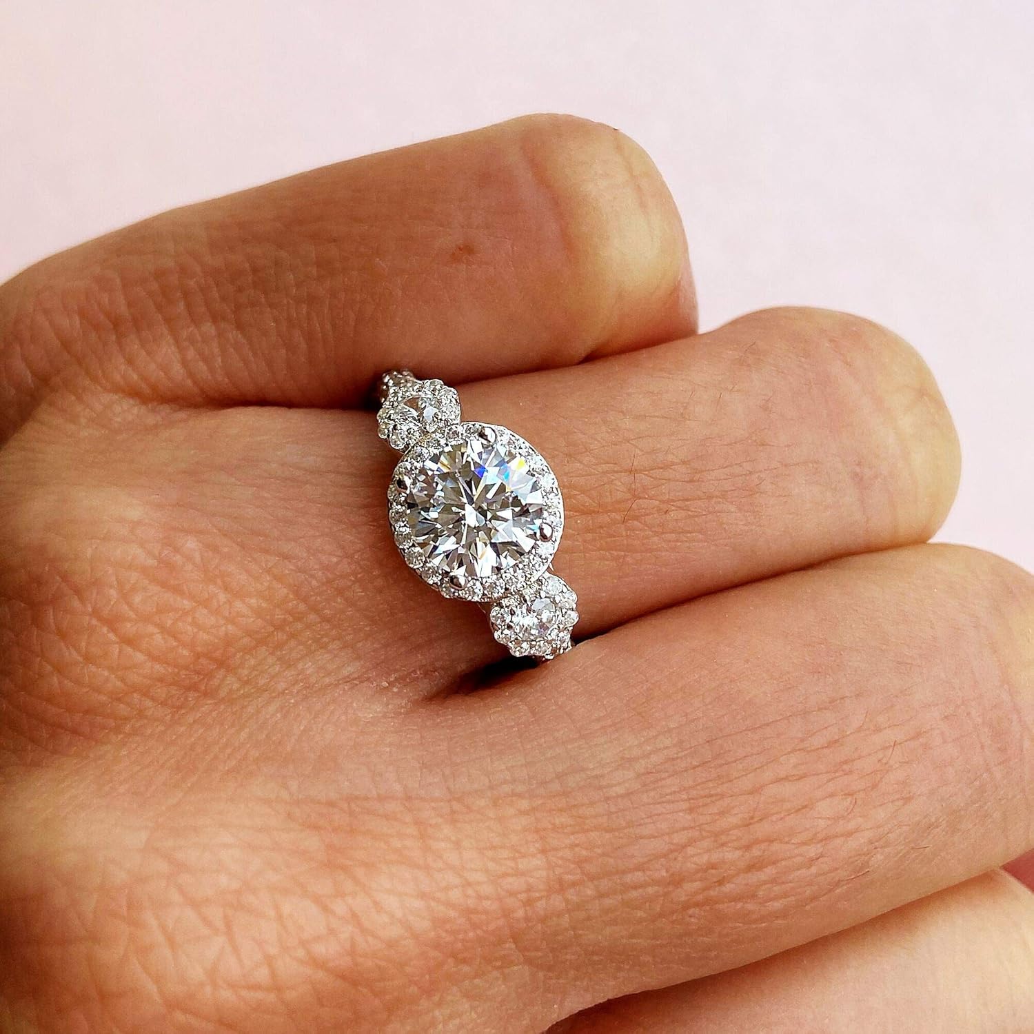 Round-cut Zircon Accented 3 Stone Engagement Ring Classic Bridal Halo Ring 925 Sterling Silver