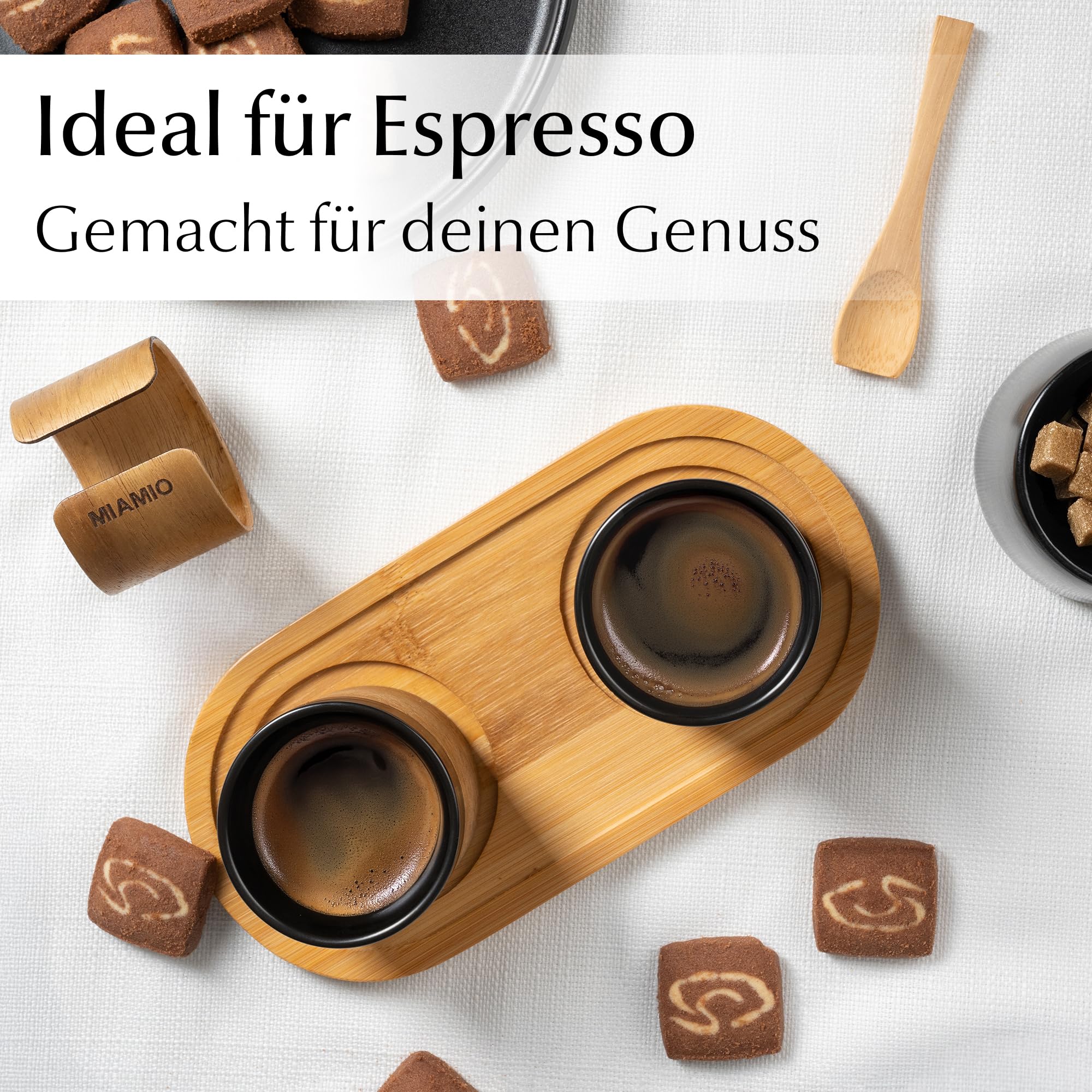 MIAMIO - Keramik Espressotassen/Espressobecher ohne Henkel (100ml)(Schwarz) | Kaffeebecher Keramik ohne Henkel, 4er Set Keramik Espressotassen / Tassen Set für Kaffee, Tee und Matcha mit Holzmanschette