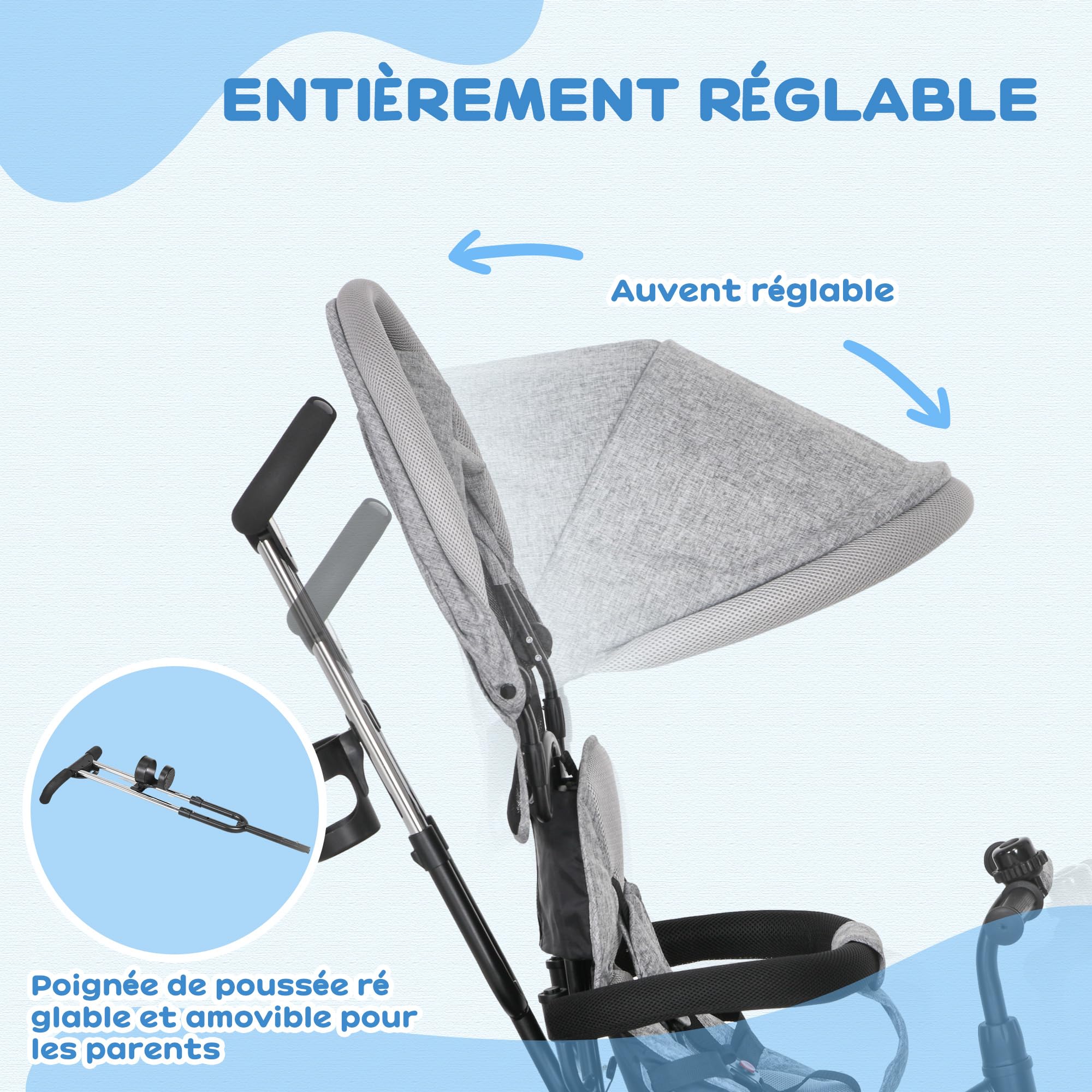 HOMCOM Tricycle bébé évolutif 6 en 1 vélo Poussette avec poignée de poussée, auvent Amovible, Ceinture de sécurité à 5 Points, Rangement, Repose-Pieds, Frein, pour Enfants de 1 à 5 Ans, Gris