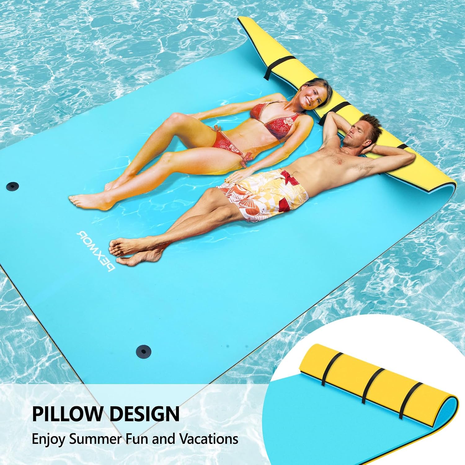PEXMOR Floating Water Mat, 9/12/18 x 6 FT Floating Pad for The Water, 3-Layer XPE Foam Water Floating Island w/Bungee Tether & Storage Straps for Lake Pool Beach River