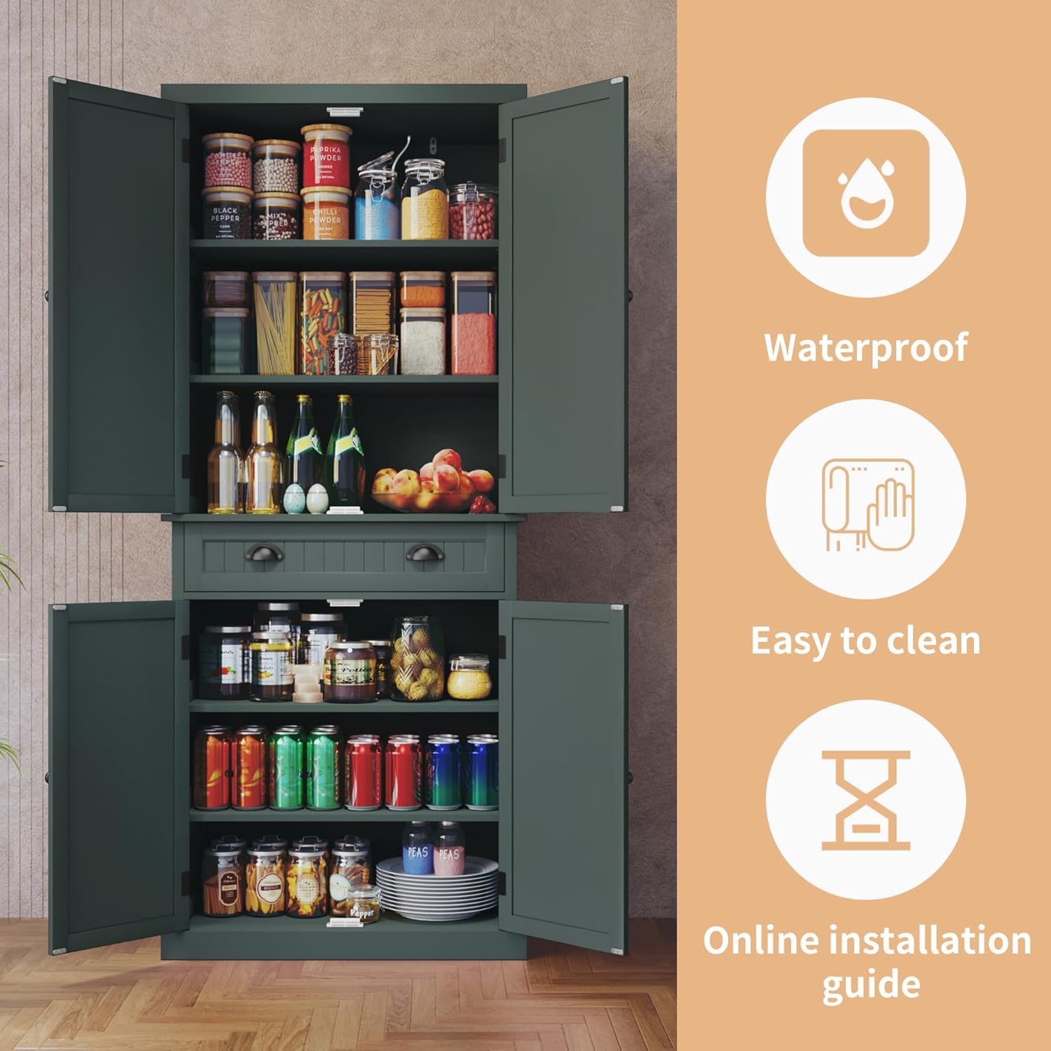 Icons indicating waterproof and easy-to-clean features of the cabinet.