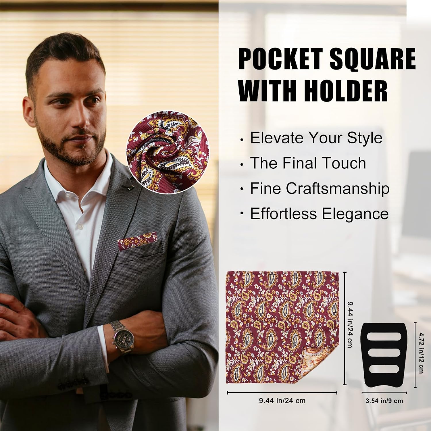 Paisley Pocket Squares for Men, Satin Suit Handkerchiefs with Holder for Wedding Business Prom Accessories