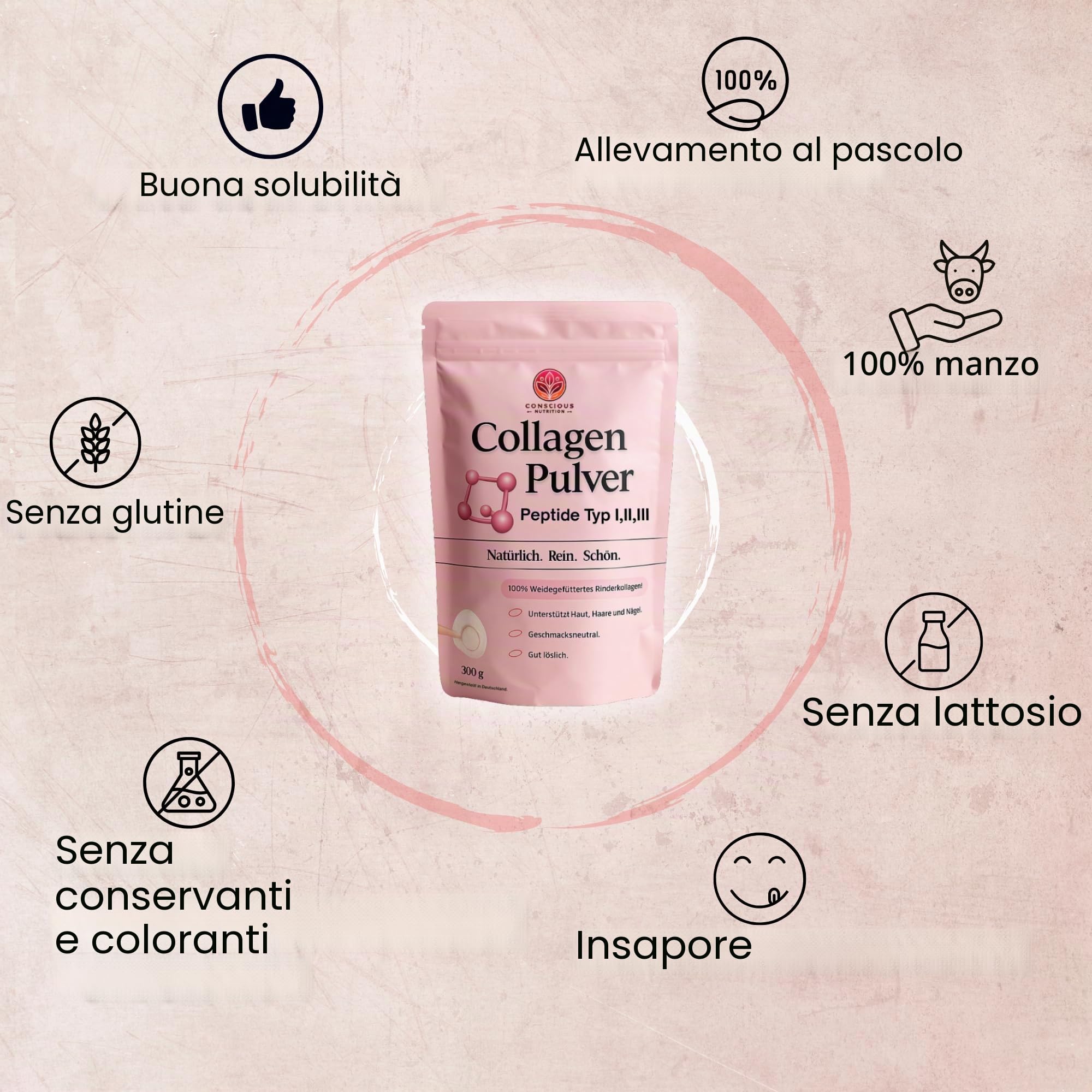 Polvere di collagene - collagene idrolizzato peptidi tipo 1, 2, 3 - Polvere proteica proteica - Senza additivi - Neutro al gusto - Salice - Testato da laboratorio - Made in