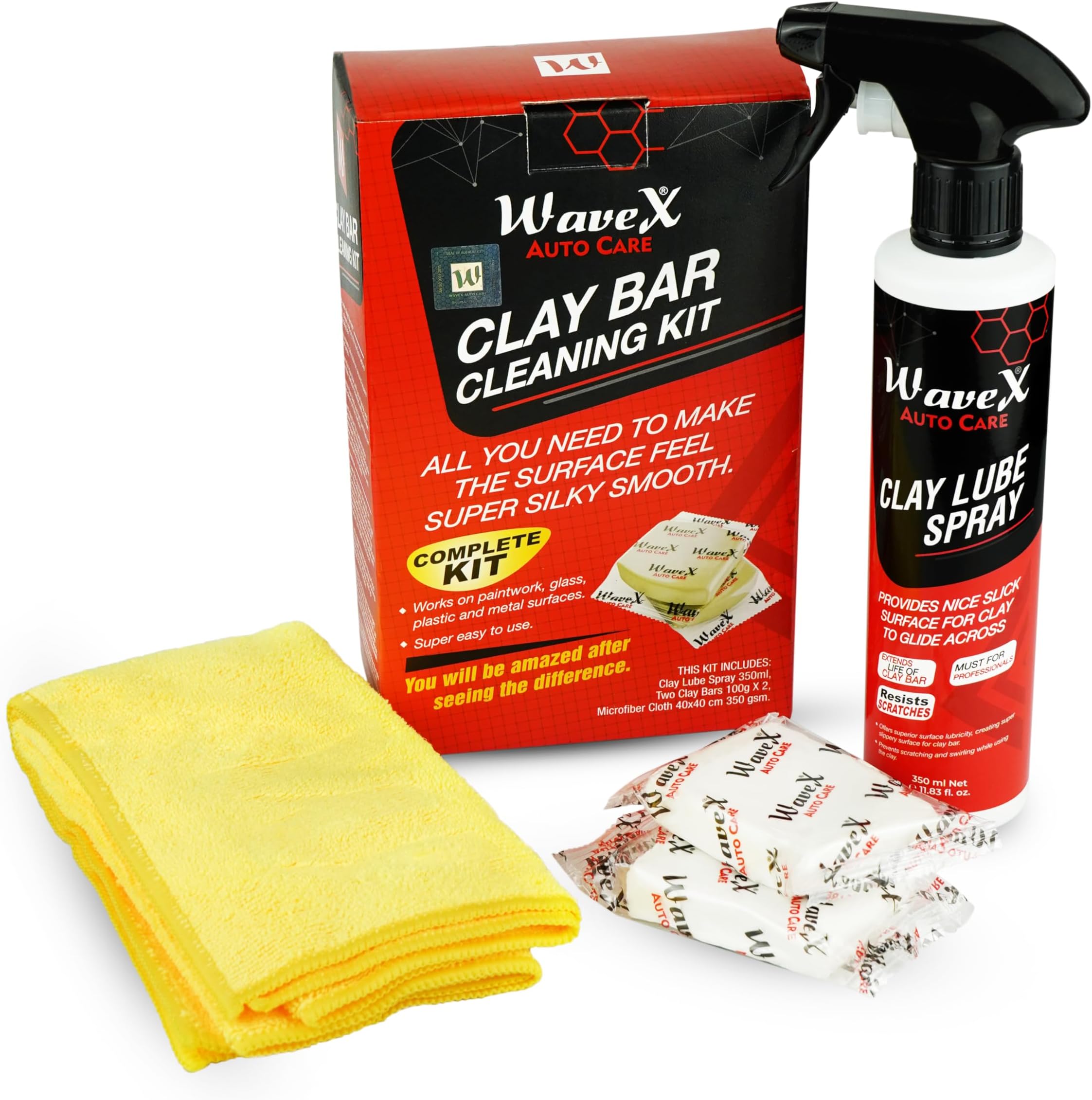 Car Cleaning Kit | Clay Bar & Lubricant Spray 350ml, 2 Bars 100gr Each, Microfiber Cloth, Contamination Removal Bar for Removing Rust & Other Foreign Particles from Paint & Glass