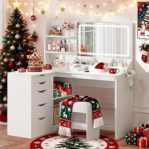 Furmax Vanity Desk with Mirror, L Shape Vanity, LED Lighted Mirror, with Power Outlet and 3 Storage Shelves, Makeup Table with 5 Drawers, 3 Color Modes, for Bedroom(White)