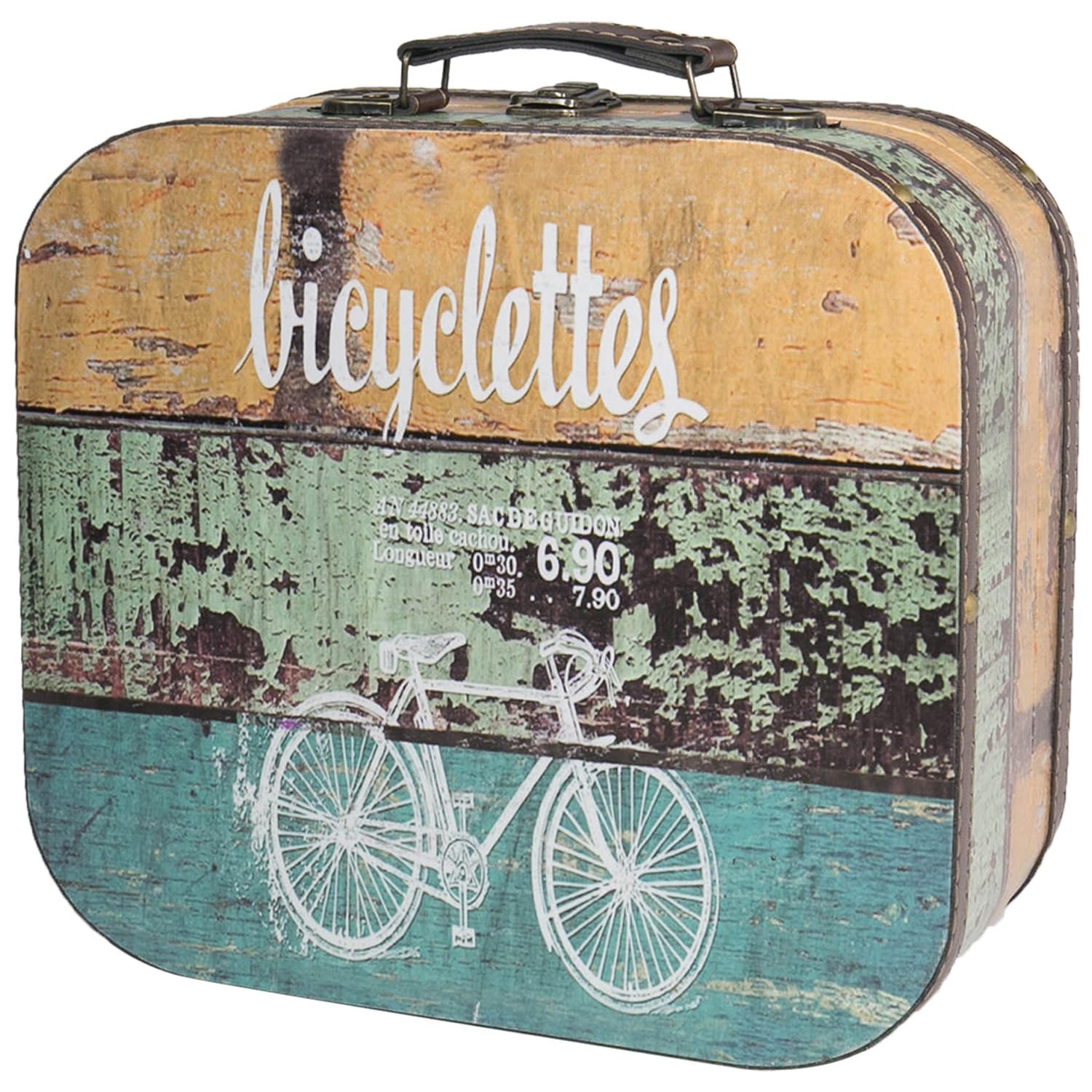 HMF Baúl vintage de madera, gran caja de almacenamiento con tapa y asa de cuero, almacenamiento elegante como idea de regalo para boda o cumpleaños | Bicicleta decorativa | 32 x 29,5 x 12 cm