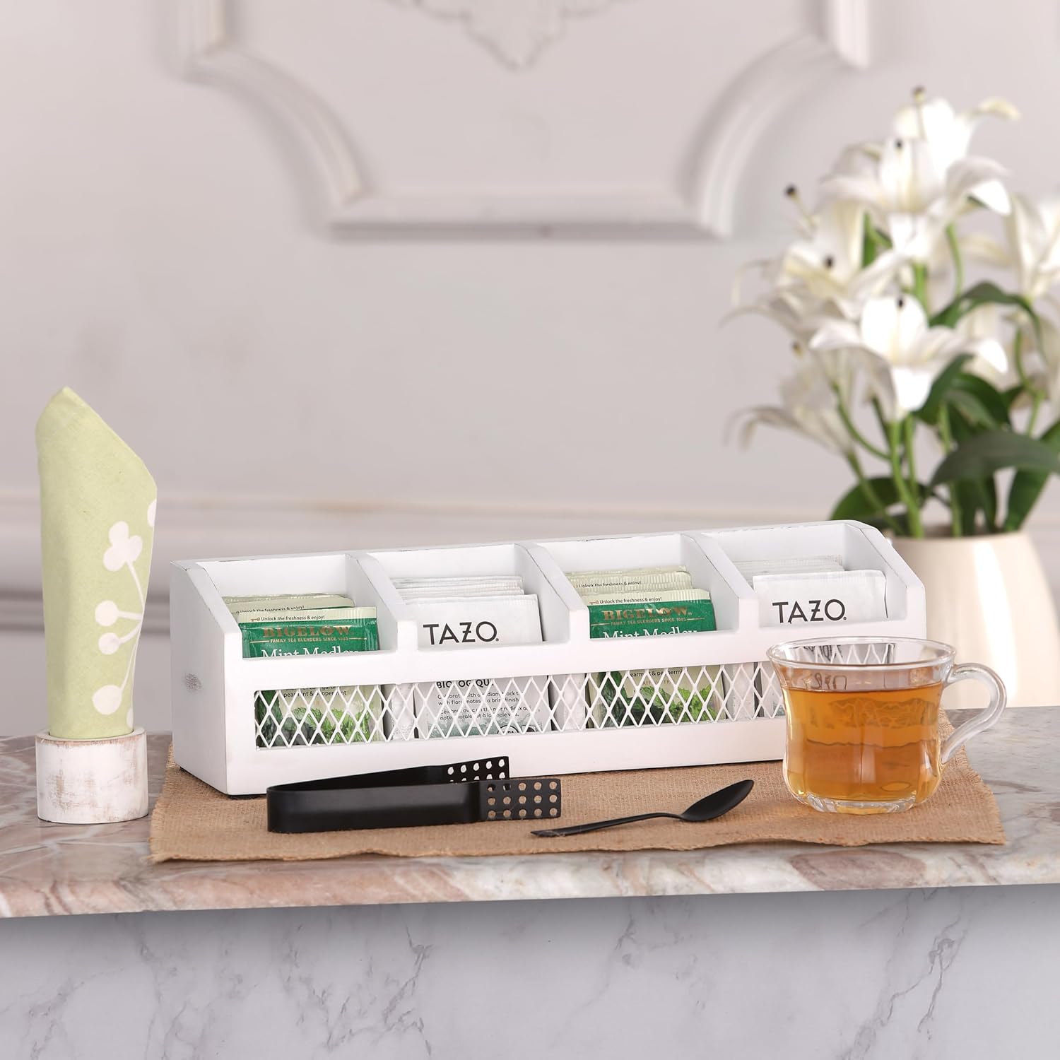 Kitchen Science Wooden Tea Bag Organizer | Farmhouse Finish | 4-Compartment Storage | Countertop | Accessories: Tea Bag Squeezer, Natural Jute Placemat, Tea Spoon, Wooden Napkin Ring