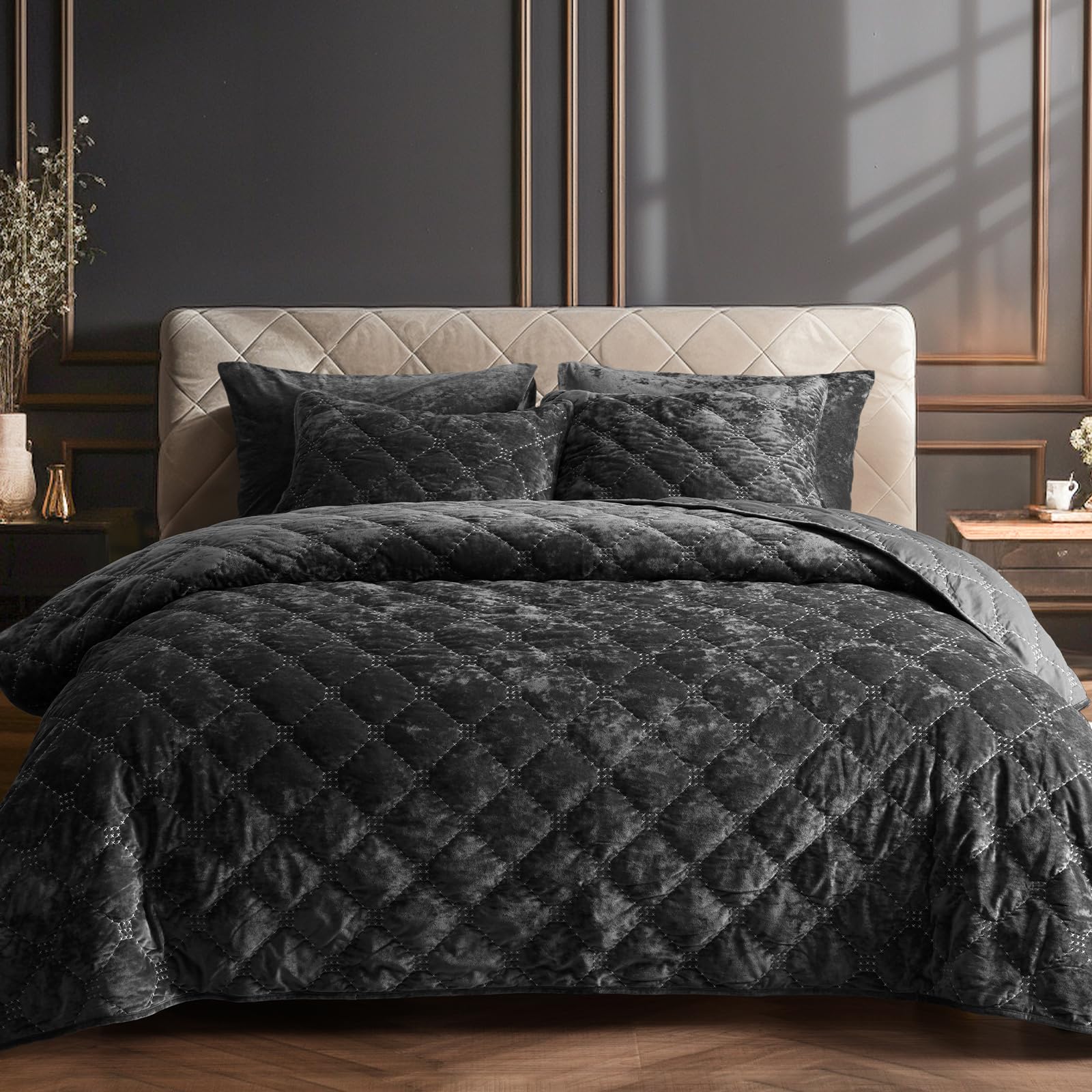phf luxury velvet quilt set queen size, lightweight velvet comforter, ultra soft cross stich quilted bedding set, home decor bedspread 90" x 92"with 2 pillow shams 20" x 26", black