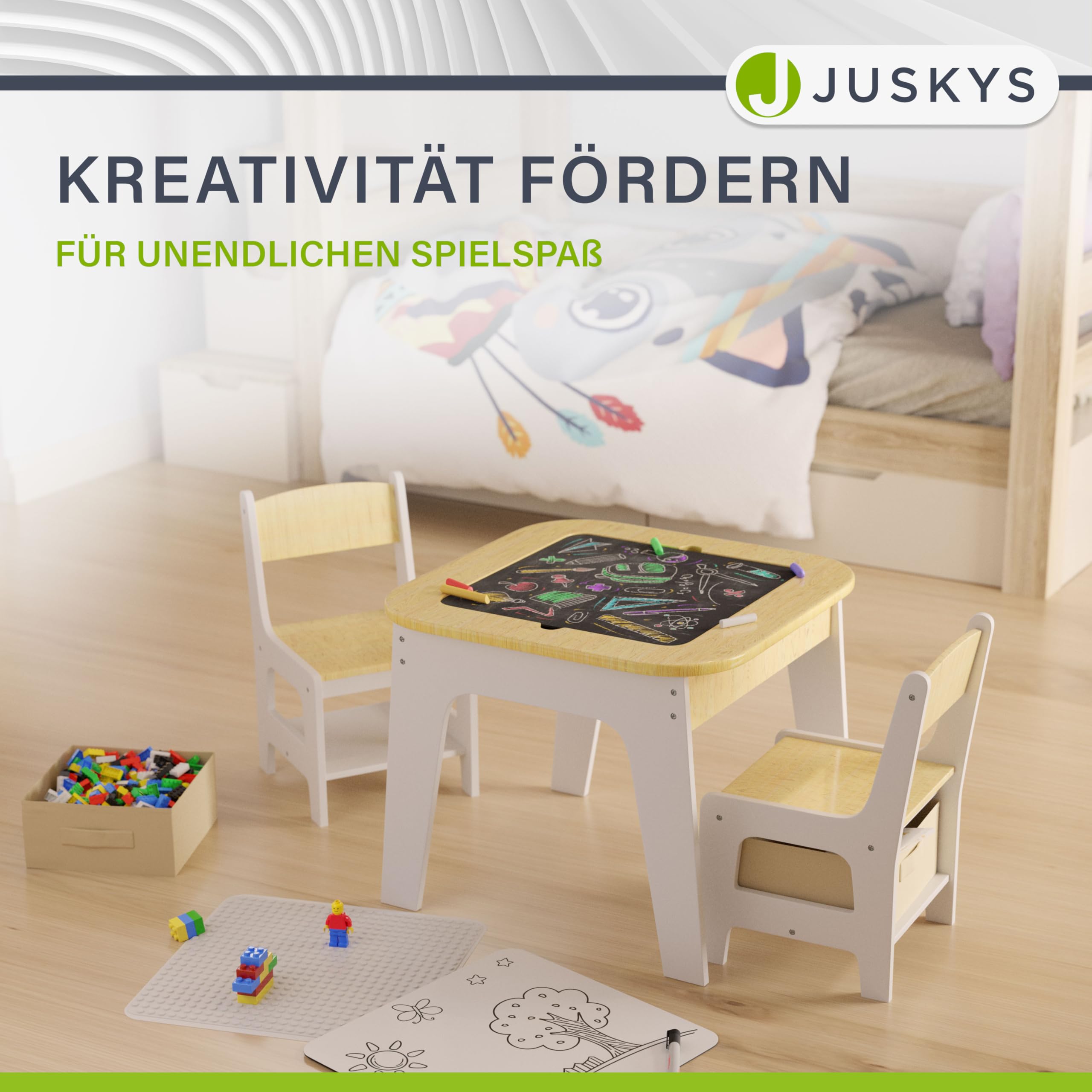 Juskys Kindersitzgruppe Milou - Set mit 2 Stühlen & 1 Tisch - Kindertisch Holz - Spieltisch mit Stauraum - Sitzgruppe für Kinder, Maltisch - Natur