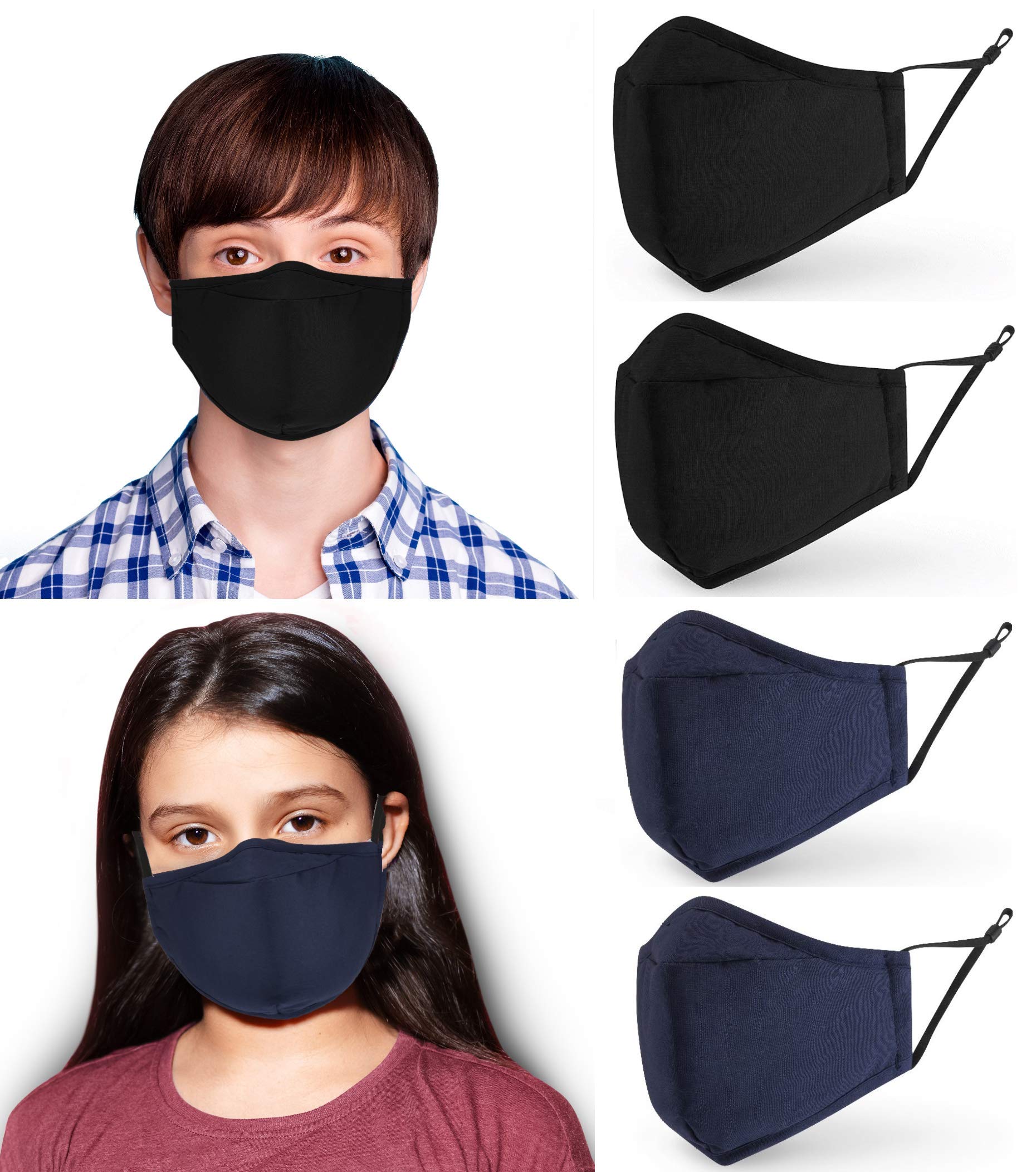 4 Pack Childrens Face Masks UK | 3 ply Cotton Fabric Adjustable Kids Mask | Washable, Reusable, Filter Slot with Nose Wire...
