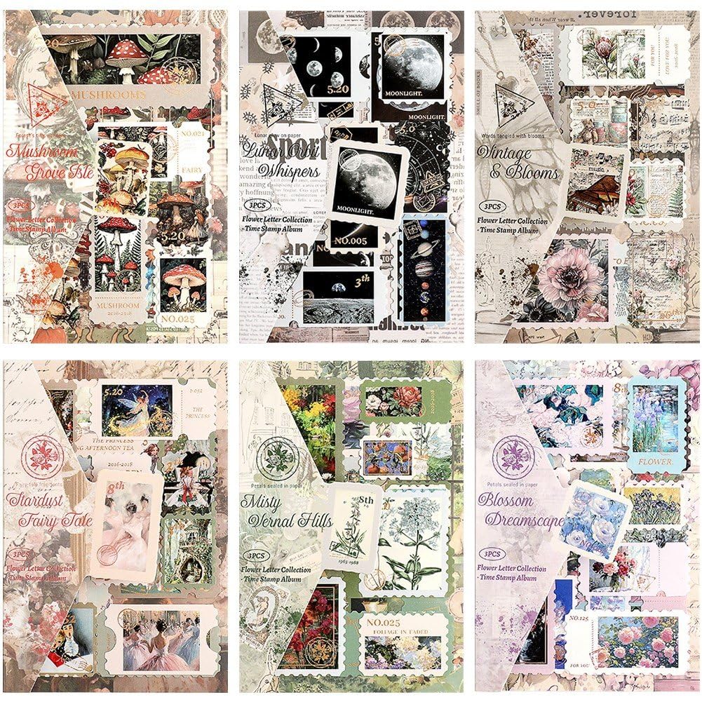 Sslvya 6 Sets Vintage Postage Stamp Stickers for Scrapbooking, Junk Journal &, Aesthetic Decorative Stickers for Diy Crafts Supplies