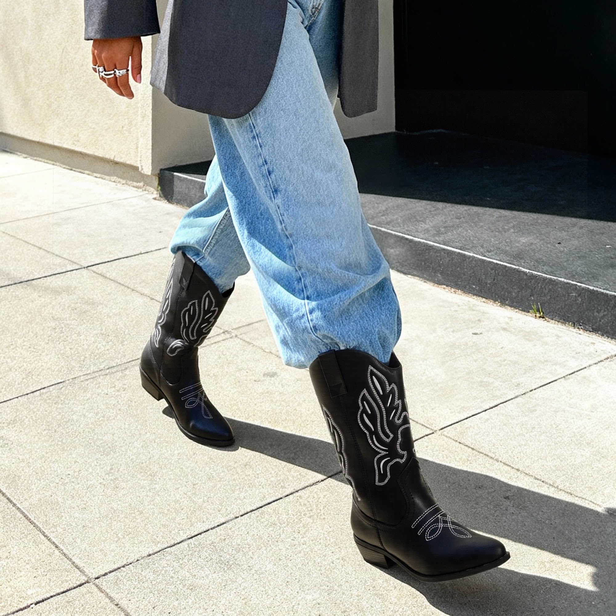 DREAM PAIRS Damen Cowboystiefel Halbhohe Cowgirlstiefel Stickereien Westernstiefel Fashion Herbststiefel Boots