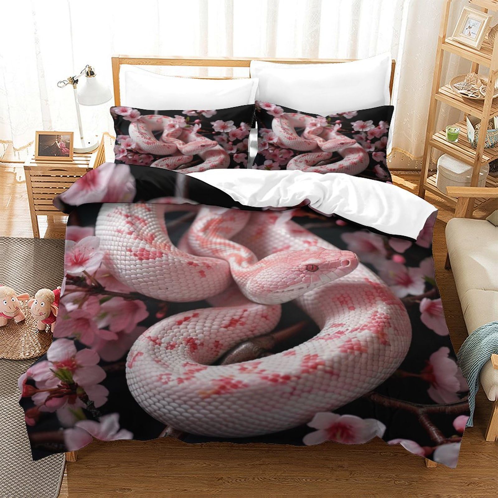 P1S9U7W5Y 3D Printed Cherry Blossom Snake Duvet Cover Set 3pcs Microfiber Blossom Snake Bedding Set Double（200x200cm）