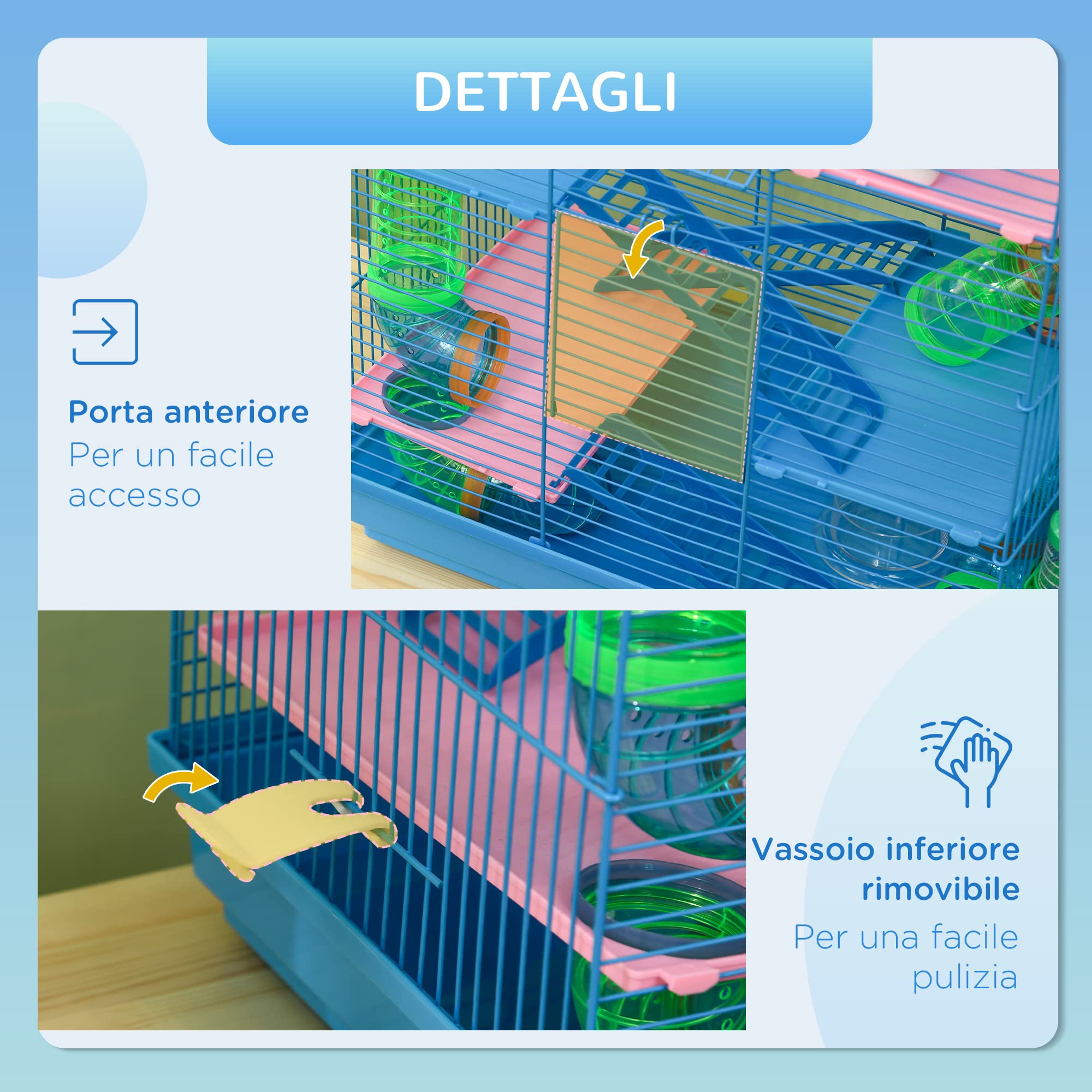 PawHut Gabbia per Criceti e Roditori a 5 Piani, Gabbietta per Criceti con Tubi Colorati, Ruota, Casetta e Accessori Inclusi, 47x30x59 cm, Blu