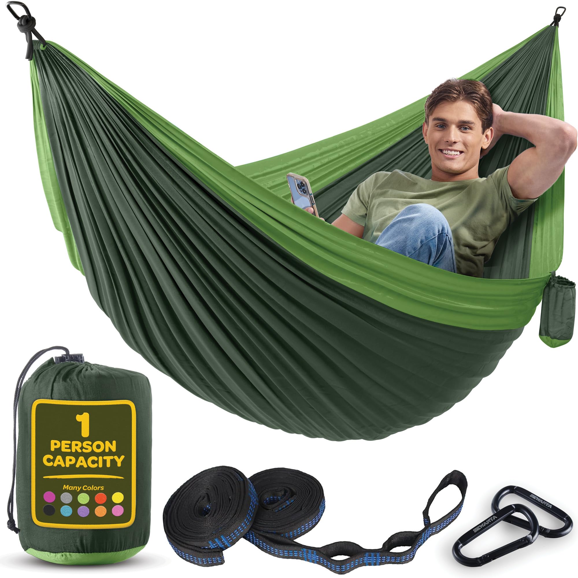 Durable Hammock 400 lb Capacity, Nylon Camping Hammock Chair - Double or Single Sizes w/Tree Straps and Attached Carry Bag - for Travel/Backpacking/Beach/Backyard (Medium, Forest Green & Lima Green)
