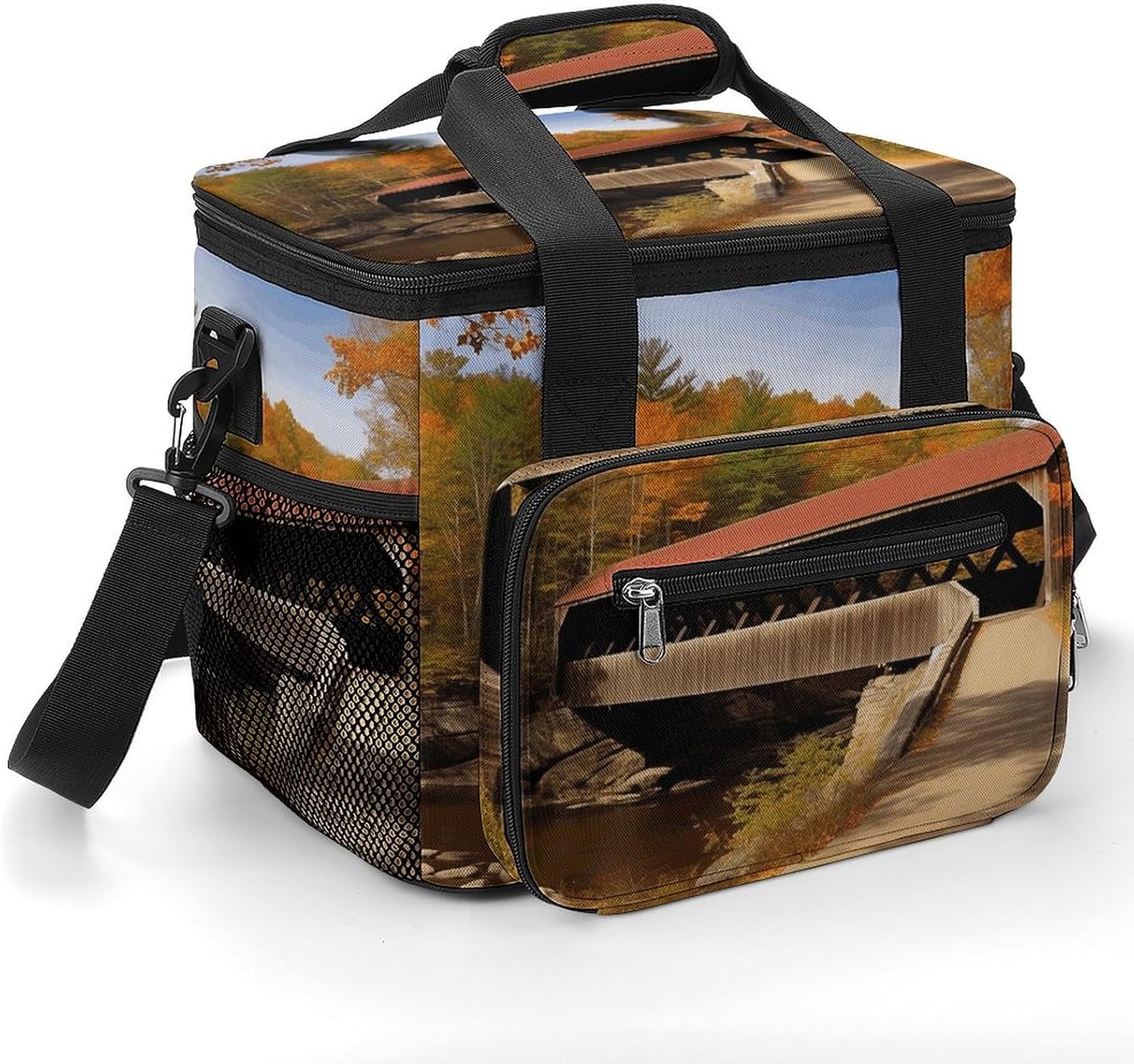 Camping Ice Pack, Albany Covered Bridge Print Cooler Bag, 22.5L Large Capacity Insulated Lunch Tote Bag for Outdoor, Picnic, BBQ, Travel, Work