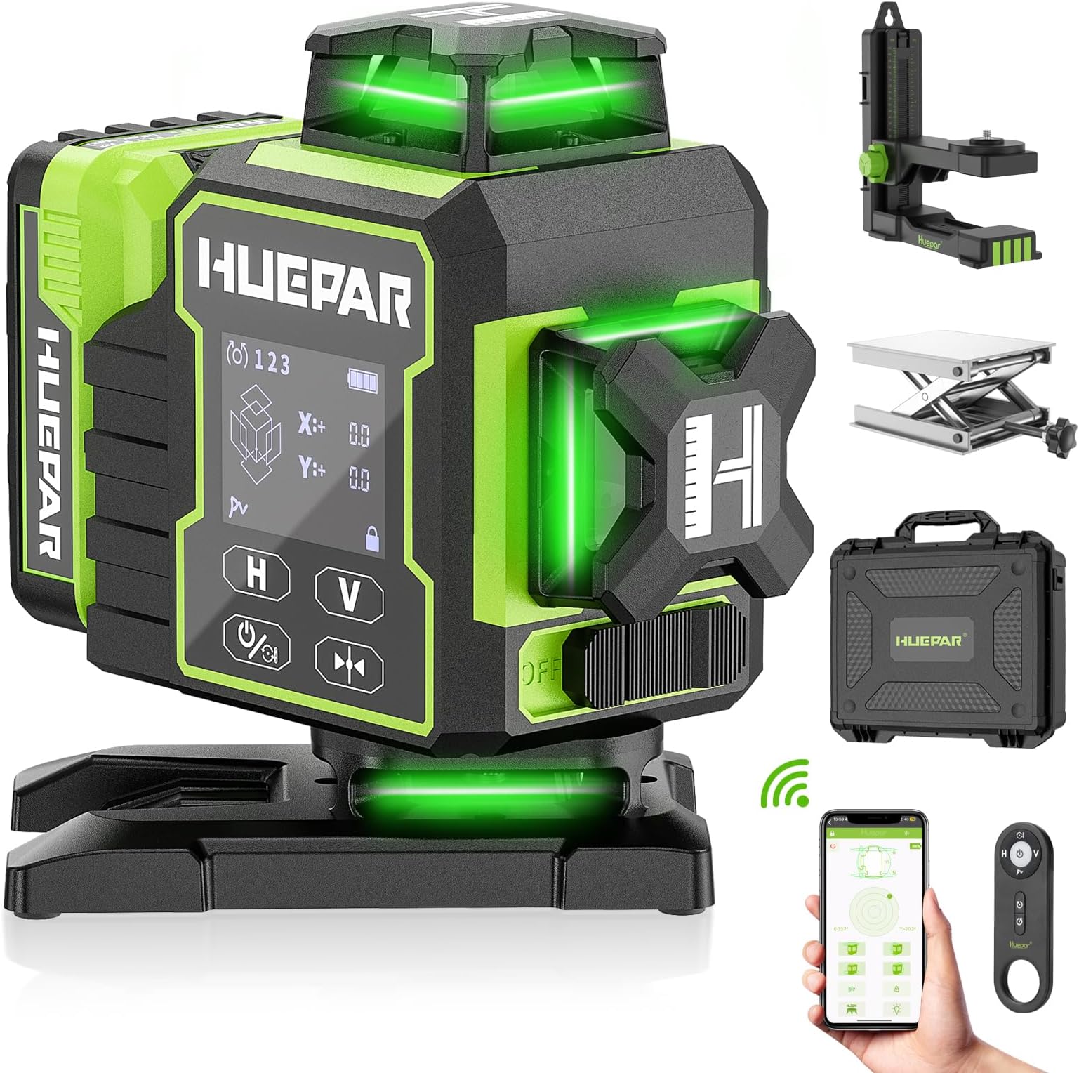 Huepar New Edition W04CG 4D Laser Level, LCD Display, Rotating Motor Base, 360° Self-Leveling Cross Line - Bluetooth Remote Control, High Precision Laser Level, Pulse Mode 1