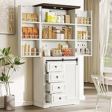 DWVO Kitchen Pantry Storage Cabinet with Barn Doors, Tall Storage Cabinet with 4 Drawers and Adjustable Shelf, Versatile Storage for Living Room, Dining Room or Hallway, Gray Oak