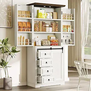 DWVO 71" Kitchen Pantry with Sliding Barn Door & Storage Drawers, Farmhouse Tall Storage Hutch Cabinet with Adjustable Shelves, Versatile Organizers for Living Room, Dining Room, Hallway, Off White