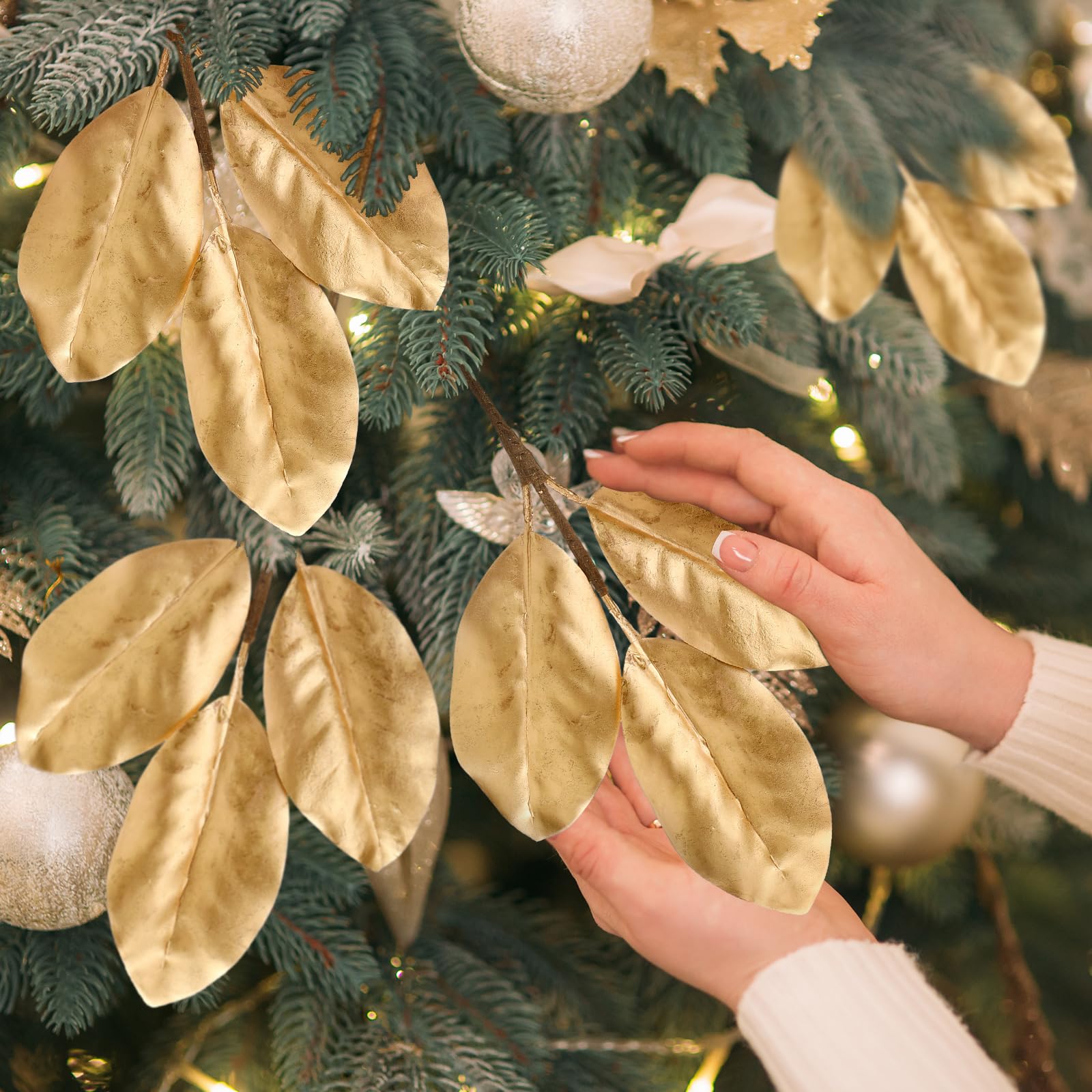 Thiccywoov 12 Stück 32,6 cm große Weihnachts-Magnolien-Plektren, künstliche Magnolien-Zweige, künstliche Weihnachts-Magnolienblätter, Picks für Vasen, Arrangement, Tischdekoration, Party, Weihnachten,