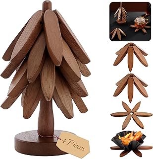 Wooden Trivets Tree for Hot Dishes, Set of 4 Wood Coaster for Hot Pots and Pans, Christmas Kitchen Decor for Family Members, 8 in Tree Shaped Wooden Pot Holders with Stand, 4PCS Dark Walunt