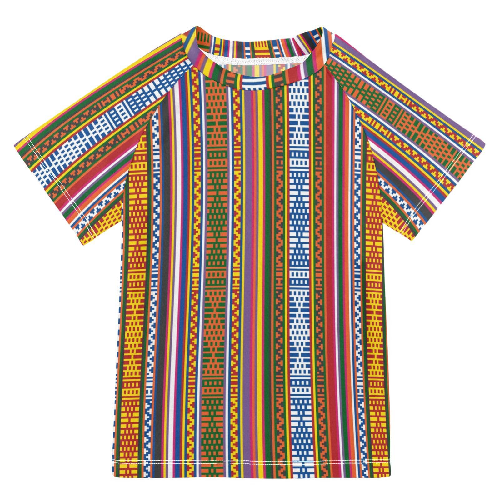 Aflyko Kids' Rashguard Swimsuit Tribal Stripes Ethnic Filipino Fishing Shirt for Boys Girls Beach Playwear Summer Trip Vacation Beach Traveling UV Sun Protection Cool Tops, 9-10T Multicoloured