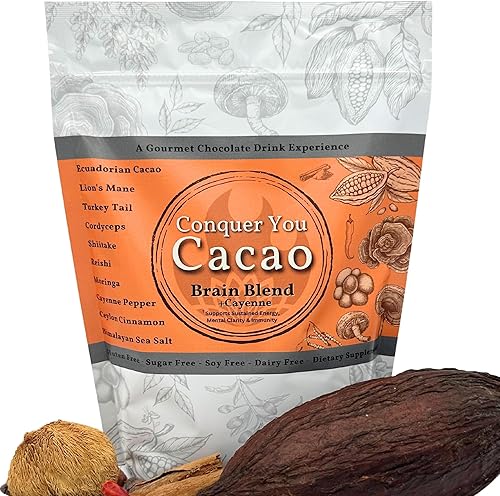 Brain Blend+Cayena, bebida de chocolate caliente orgánico con hongos, mezcla energizante gourmet de melena de león, cordyceps, shiitake, reishi,