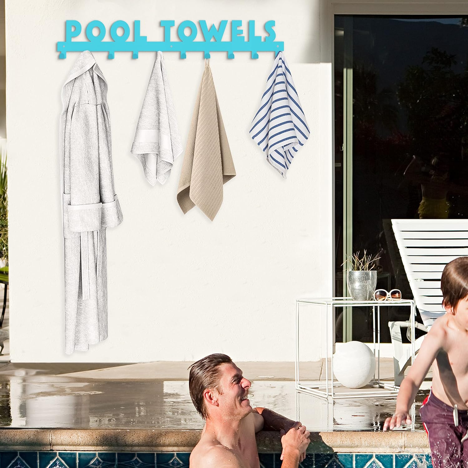 Blue Pool Towel Rack 10 Hooks for Bathroom Wall Mount Towel Hooks Towel Holder Carbon Steel Hanger Organizer Indoor Outdoor for Robe, Towel, Coat, Swimsuit, Umbrella, Bag, Keys