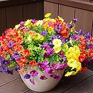 Artificial Flowers for Outdoors, UV Resistant Fake Silk Morning Glory, Realistic Faux Plants for Outside Porch Patio Window Box Hanging Planter (12, Purple Fuchsia Yellow Orange)